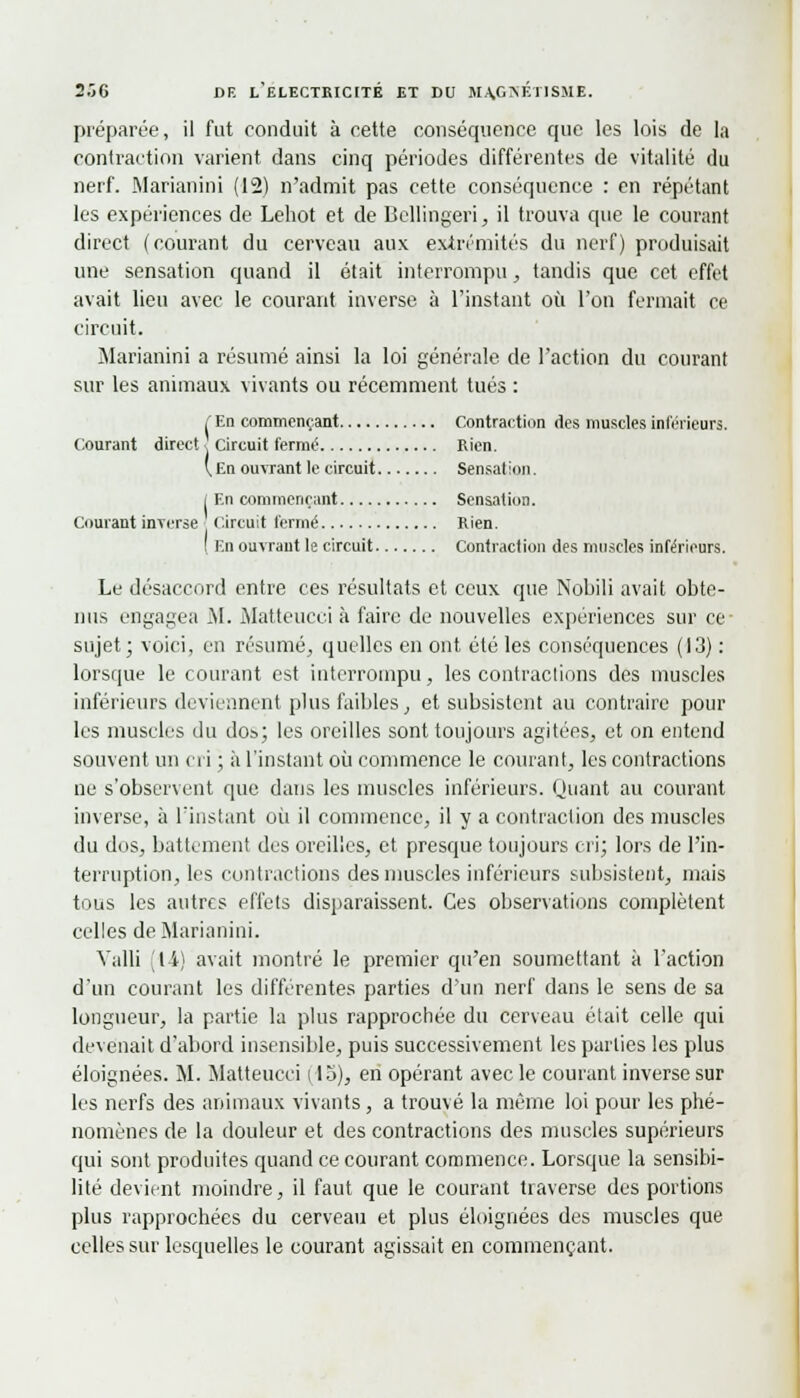 préparée, il fut conduit à cette conséquence que les lois de la contraction varient dans cinq périodes différentes de vitalité du nerf. Marianini (12) n'admit pas cette conséquence : en répétant les expériences de Lehot et de Lîellingeri, il trouva que le courant direct (courant du cerveau aux extrémités du nerf) produisait une sensation quand il était interrompu, tandis que cet effet avait lieu avec le courant inverse à l'instant où l'on fermait ce circuit. Marianini a résumé ainsi la loi générale, de l'action du courant sur les animaux vivants ou récemment tués : f En commençant Contraction des muscles inférieurs. Courant direct, circuit fermé Rien. (.En ouvrant le circuit Sensation. / En commençant Sensation. Courant inverse Circuit fermé Rien. ! En ouvrant le circuit Contraction des muscles inférieurs. Le désaccord entre ces résultats et ceux que Nobili avait obte- nus engagea M. Matteucci à faire de nouvelles expériences sur ce- sujet; voici, en résumé, quelles en ont été les conséquences (13) : lorsque le courant est interrompu, les contractions des muscles inférieurs deviennent plus faibles, et subsistent au contraire pour les muscles du dos; les oreilles sont toujours agitées, et on entend souvent un cri ; à l'instant où commence le courant, les contractions ne s'observent que dans les muscles inférieurs. Quant au courant inverse, à l'instant où il commence, il y a contraction des muscles du dos, battement des oreilles, et presque toujours cri; lors de l'in- terruption, les contractions des muscles inférieurs subsistent, mais tous les autres effets disparaissent. Ces observations complètent celles de Marianini. Valli (14) avait montré le premier qu'en soumettant à l'action d'un courant les différentes parties d'un nerf dans le sens de sa longueur, la partie la plus rapprochée du cerveau était celle qui devenait d'abord insensible, puis successivement les parties les plus éloignées. M. Matteucci 115), en opérant avec le courant inverse sur les nerfs des animaux vivants , a trouvé la même loi pour les phé- nomènes de la douleur et des contractions des muscles supérieurs qui sont produites quand ce courant commence. Lorsque la sensibi- lité devient moindre, il faut que le courant traverse des portions plus rapprochées du cerveau et plus éloignées des muscles que celles sur lesquelles le courant agissait en commençant.