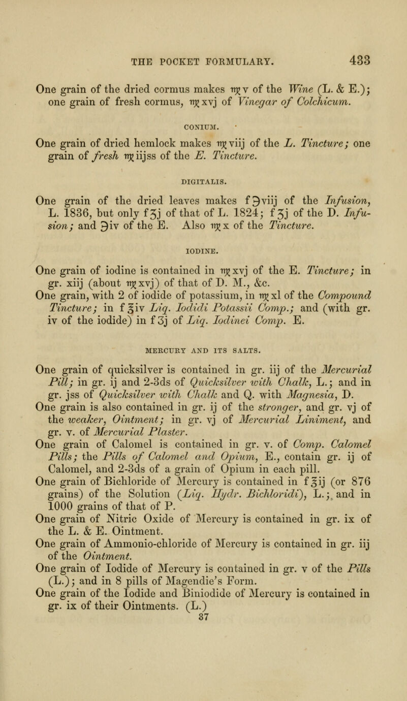 One grain of the dried cormus makes tr^v of the Wine (L. & E.); one grain of fresh cormus, v% xvj of Vinegar of Colchicum. CONIUM. One grain of dried hemlock makes tt^ viij of the L. Tincture; one grain of fresh tr^iijss of the E. Tincture. DIGITALIS. One grain of the dried leaves makes f9viij of the Infusion, L. 1836, but only f 3j of that of L. 1824; f 3j of the D. Infu- sion; and 9iv of the E. Also t»£ x of the Tincture. IODINE. One grain of iodine is contained in ^xvj of the E. Tincture; in gr. xiij (about n^xvj) of that of D. M., &c. One grain, with 2 of iodide of potassium, in tt^ xl of the Compound Tincture; in f §iv Liq. Iodidi Potassii Comp.; and (with gr. iv of the iodide) in f 3j of Liq. Iodinei Comp. E. MERCURY AND ITS SALTS. One grain of quicksilver is contained in gr. iij of the Mercurial Pill; in gr. ij and 2-3ds of Quicksilver ivith Chalk, L.; and in gr. jss of Quicksilver with Chalk and Q. with Magnesia, D. One grain is also contained in gr. ij of the stronger, and gr. vj of the weaker, Ointment; in gr. vj of Mercurial Liniment, and gr. v. of Mercurial Plaster. One grain of Calomel is contained in gr. v. of Comp. Calomel Pills; the Pills of Calomel and Opium, E., contain gr. ij of Calomel, and 2-3ds of a grain of Opium in each pill. One grain of Bichloride of Mercury is contained in fgij (or 876 grains) of the Solution (Liq. Hydr. Bichloridi), L.; and in 1000 grains of that of P. One grain of Nitric Oxide of Mercury is contained in gr. ix of the L. & E. Ointment. One grain of Ammonio-chloride of Mercury is contained in gr. iij of the Ointment. One grain of Iodide of Mercury is contained in gr. v of the Pills (L.); and in 8 pills of Magendie's Form. One grain of the Iodide and Biniodide of Mercury is contained in gr. ix of their Ointments. (L.) 37