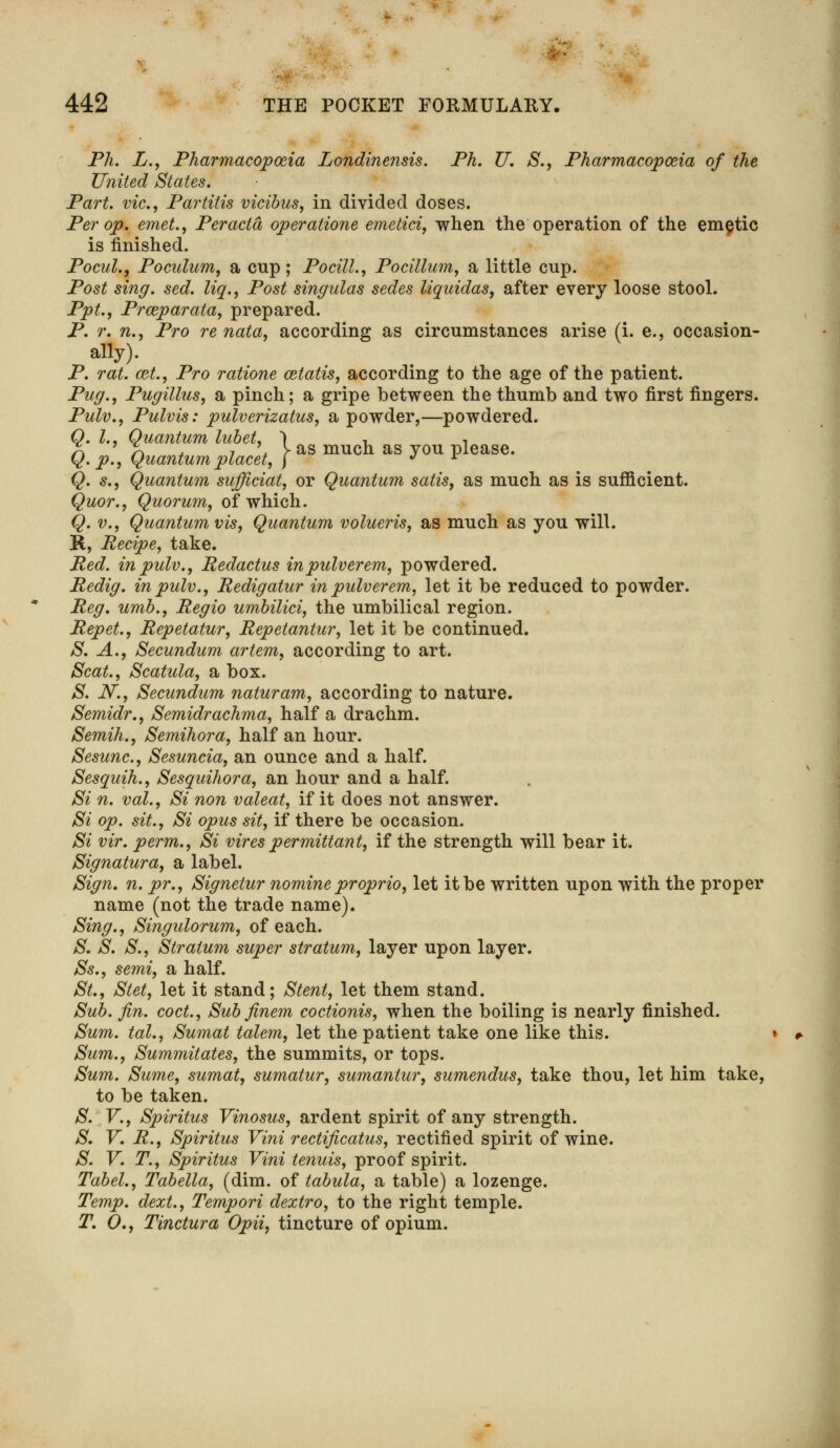 Ph. L., Pharmacopoeia Londinensis. Ph. U. S., Pharmacopoeia of the United States. Part, vie, Partitis vicibus, in divided doses. Per op. emet., Per acta operatione emetici, when the operation of the emetic is finished. Pocul.9 Poculum, a enp; Pocill., Pocillum, a little cup. Post sing. sed. liq., Post singulas sedes liquidas, after every loose stool. Ppt., Prceparata, prepared. P. r. n., Pro re nata, according as circumstances arise (i. e., occasion- ally). P. rat. cet., Pro ratione cetatis, according to the age of the patient. Pug., Pugillus, a pinch; a gripe between the thumb and two first fingers. Pulv., Pulvis: pulverizatus, a powder,—powdered. Q. I., Quantum lubet, ~\ , -. }\ ' \ , 7 \ y as much as you please. Q. p., Quantum placet, J * i Q. s., Quantum sufficiat, or Quantum satis, as much as is sufficient. Quor., Quorum, of which. Q. v., Quantum vis, Quantum volueris, as much as you will. R, Recipe, take. Red. in pulv., Redactus inpulverem, powdered. Redig. in pulv., Redigatur in pulverem, let it be reduced to powder. Reg. umb., Regio umbilici, the umbilical region. Repet., Repetatur, Repetantur, let it be continued. S. A., Secundum artem, according to art. Scat., Scatula, a box. S. iV., Secundum naturam, according to nature. Semidr., Semidrachma, half a drachm. Semih., Semihora, half an hour. Sesunc, Sesuncia, an ounce and a half. Sesquih., Sesquihora, an hour and a half. Si n. vol., Si non valeat, if it does not answer. Si op. sit., Si opus sit, if there be occasion. Si vir. perm., Si vires permittant, if the strength will bear it. Signatura, a label. Sign. n. pr., Signetur nomine proprio, let it be written upon with the proper name (not the trade name). Sing., Singulorum, of each. & S. S., Stratum super stratum, layer upon layer. Ss., semi, a half. St., Stet, let it stand; Stent, let them stand. Sub. fin. coct., Sub finem coctionis, when the boiling is nearly finished. Sum. tal., Sumat talem, let the patient take one like this. Sum., Summitates, the summits, or tops. Sum. Sume, sumat, sumatur, sumantur, sumendus, take thou, let him take, to be taken. S. V., Spiritus Vinosus, ardent spirit of any strength. S. V. R., Spiritus Vini rectificatus, rectified spirit of wine. #. V. T., Spiritus Vini tenuis, proof spirit. Tabel., Tabella, (dim. of tabula, a table) a lozenge. Temp, dext., Tempori dextro, to the right temple. T. O., Tinctura Opii, tincture of opium.