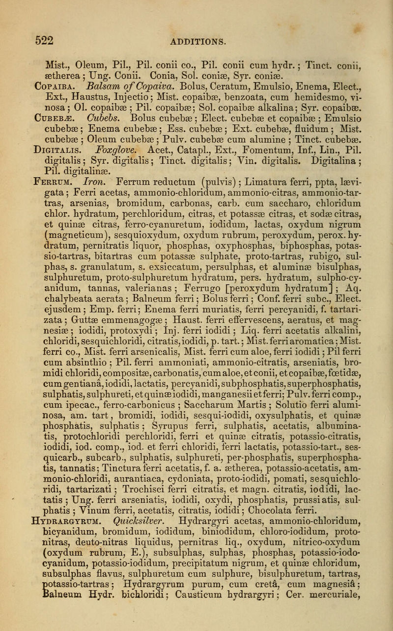 Mist., Oleum, Pil., Pil. conii co., Pil. conii cum hydr.; Tinct. conii, astherea; Ung. Conii. Conia, Sol. comae, Syr. conias. Copaiba. Balsam ofCopaiva. Bolus, Ceratum, Emulsio, Enema, Elect., Ext., Haustus, Injectio; Mist, copaibae, benzoata, cum hemidesmo, vi- nosa; 01. copaibas ; Pil. copaibas; Sol. copaibae alkalina; Syr. copaibas. Cubebae. Cubebs. Bolus cubebas ; Elect, cubebae et copaibas ; Emulsio cubebas; Enema cubebas; Ess. cubebas; Ext. cubebae, fluidum ; Mist, cubebae ; Oleum cubebas; Pulv. cubebas cum alumine ; Tinct. cubebas. Digitalis. Foxglove. Acet., CatapL, Ext., Fomentum, Inf., Lin., Pil. digitalis ; Syr. digitalis ; Tinct. digitalis; Vin. digitalis. Digitalina ; Pil. digitalinas. Ferrum. Iron. Ferrum reductum (pulvis); Limatura ferri, ppta, laevi- gata ; Ferri acetas, ammonio-chloridum, ammonio-citras, ammonio-tar- tras, arsenias, bromidum, carbonas, carb. cum saccharo, chloridum chlor. hydratum, perchloridum, citras, et potassas citras, et sodas citras, et quinas citras, ferro-cyanuretum, iodidum, lactas, oxydum nigrum (magneticum), sesquioxydum, oxydum rubrum, peroxydum, perox. hy- dratum, pernitratis liquor, phosphas, oxyphosphas, biphosphas, potas- sio-tartras, bitartras cum potassas sulphate, proto-tartras, rubigo, sul- phas, s. granulatum, s. exsiccatum, persulphas, et aluminas bisulphas, sulphuretum, proto-sulphuretum hydratum, pers. hydratum, sulpho-cy- anidum, tannas, valerianas ; Ferrugo [peroxydum hydratum] ; Aq. chalybeata aerata; Balneum ferri; Bolus ferri; Conf. ferri subc, Elect, ejusdem; Emp. ferri; Enema ferri muriatis, ferri percyanidi, f. tartari- zata; Guttas emmenagogas; Haust. ferri effervescens, aeratus, et mag- nesias ; iodidi, protoxydi; Inj. ferri iodidi; Liq. ferri acetatis alkalini, chloridi, sesquichloridi, citratis,iodidi, p. tart.; Mist, ferriaromatica; Mist, ferri co., Mist, ferri arsenicalis, Mist, ferri cum aloe, ferri iodidi; Pil ferri cum absinthio ; Pil. ferri ammoniati, ammonio-citratis, arseniatis, bro- midi chloridi, compositas, carbonatis, cum aloe, et conii, et copaibas, fcetidas, cum gentiana, iodidi, lactatis, percyanidi, subphosphatis, superphosphatis, sulphatis, sulphureti, etquines iodidi, manganesiiet ferri; Pulv. ferri comp., cum ipecac, ferro-carbonicus ; Saccharum Martis ; Solutio ferri alumi- nosa, am. tart, bromidi, iodidi, sesqui-iodidi, oxysulphatis, et quinas phosphatis, sulphatis; Syrupus ferri, sulphatis, acetatis, albumina- tis, protochloridi perchloridi, ferri et quinas citratis, potassio-citratis, iodidi, iod. comp., iod. et ferri chloridi, ferri lactatis, potassio-tart., ses- quicarb., subcarb., sulphatis, sulphureti, per-phosphatis, superphospha- tis, tannatis; Tinctura ferri acetatis, f. a. astherea, potassio-acetatis, am- monio-chloridi, aurantiaca, cydoniata, proto-iodidi, pomati, sesquichlo- ridi, tartarizati; Trochisci ferri citratis, et magn. citratis, iodidi, lac- tatis ; Ung. ferri arseniatis, iodidi, oxydi, phosphatis, prussiatis, sul- phatis ; Vinum ferri, acetatis, citratis, iodidi; Chocolata ferri. Hydrargyrum. Quicksilver. Hydrargyri acetas, ammonio-chloridum, bicyanidum, bromidum, iodidum, biniodidum, chloro-iodidum, proto- nitras, deuto-nitras liquidus, pernitras liq., oxydum, nitrico-oxydum (oxydum rubrum, E.), subsulphas, sulphas, phosphas, potassio-iodo- cyanidum, potassio-iodidum, precipitatum nigrum, et quinas chloridum, subsulphas flavus, sulphuretum cum sulphure, bisulphuretum, tartras, potassio-tartras; Hydrargyrum purum, cum creta, cum magnesia; Balneum Hydr. bichloridi; Causticum hydrargyri; Cer. mercuriale,