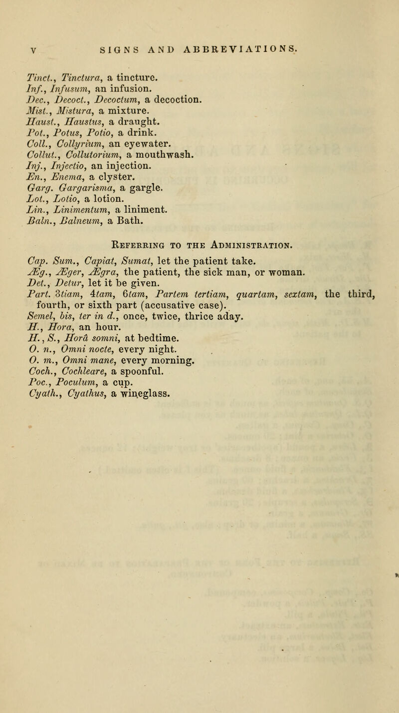 Tinct., Tinctura, a tincture. Inf., Infusum, an infusion. Dec, Decoct., Dccocium, a decoction. Mist., Mistura, a mixture. Uaust., Haustus, a draught. Pot., Potus, Potio, a drink. Coll., Collyrium, an eyewater. Collut., Collutorium, a mouthwash. Inf., Injectio, an injection. En., Enema, a clyster. Garg. Gargarisma, a gargle. Lot., Lotto, a lotion. Lin., Linimentum, a liniment. Bain., Balneum, a Bath. Referring to the Administration. Cap. Sum., Capiat, Sumat, let the patient take. JEg., JEger, JEgra, the patient, the sick man, or woman. Det., Detur, let it be given. Part. Stiam, ktam, 6tam, Partem tertiam, quartam, sextam, the third, fourth, or sixth part (accusative case). Semel, bis, ter in d., once, twice, thrice aday. H., BTora, an hour. H.,S., Hora somni, at bedtime. 0. 71., Omni node, every night. 0. m., Omni mane, every morning. Coch., Cochleare, a spoonful. Poc, Poculum, a cup. Cyath., Cyathus, a wineglass.
