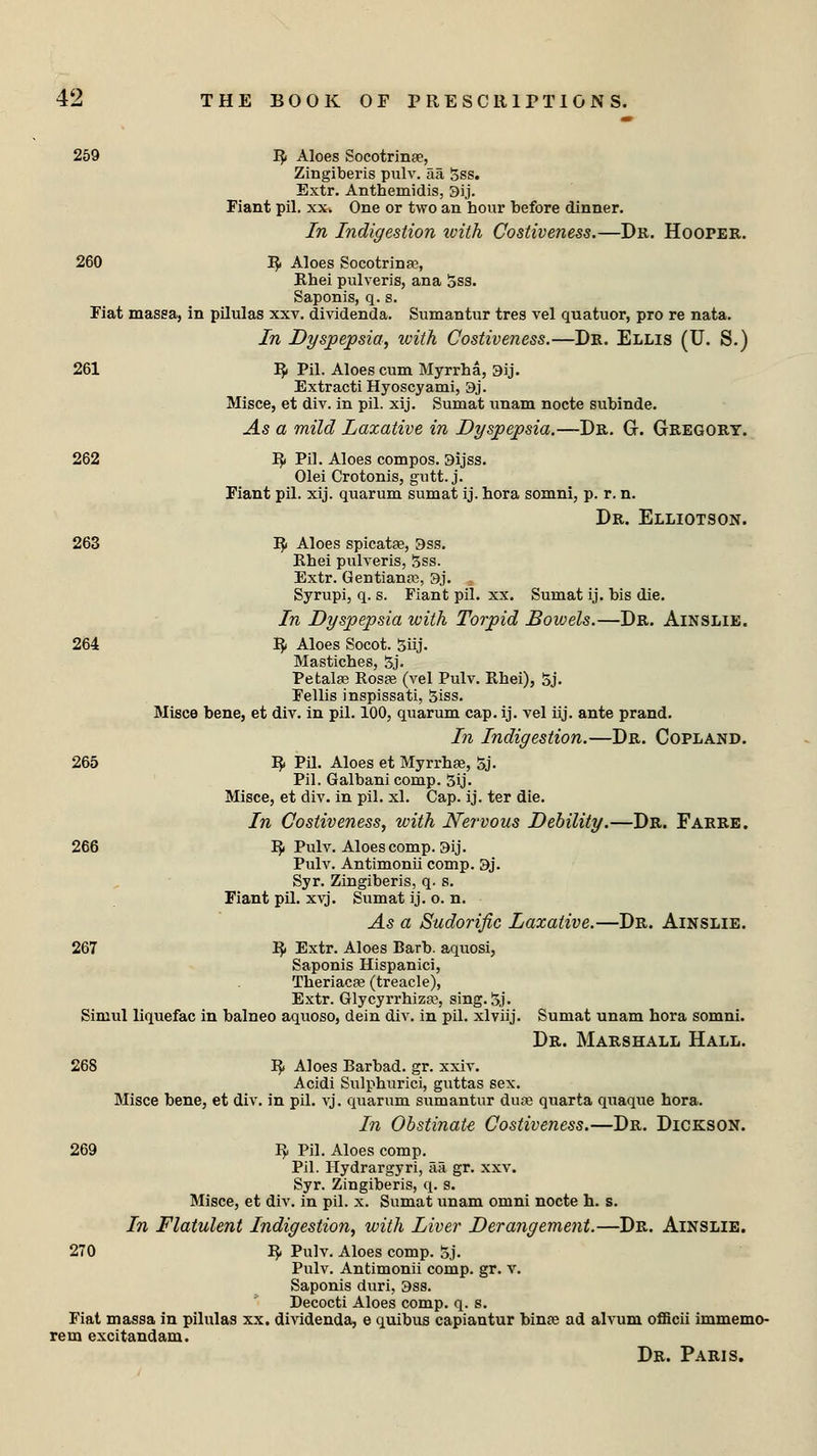 259 R Aloes Socotrinse, Zingiberis pulv. aa gss. Extr. Anthemidis, 3ij. Fiant pil. xx. One or two an hour before dinner. In Indigestion with Costiveness.—Dr. Hooper. 260 R Aloes SocotrinEe, Rhei pulveris, ana 5ss. Saponis, q. s. Fiat massa, in pilulas xxv. dividenda. Sumantur tres vel quatuor, pro re nata. In Dyspepsia, with Costiveness.—Dr. Ellis (U. S.) 261 R Pil. Aloes cum Myrrha, 3ij. Extracti Hyoscyami, 9j. Misce, et div. in pil. xij. Sumat unam nocte subinde. As a mild Laxative in Dyspepsia.—Dr. Gr. Gregory. 262 R Pil. Aloes compos. 9ijss. Olei Crotonis, gutt. j. Fiant pil. xij. quarum sumat ij. hora somni, p. r. n. Dr. Elliotson. 263 R Aloes spicata?, 3ss. Rhei pulveris, 5ss. Extr. Gentiana?, 9j. Syrupi, q. s. Fiant pil. xx. Sumat ij. bis die. In Dyspepsia with Torpid Bowels.—Dr. Ainslie. 264 R Aloes Socot. Siij. Mastiches, 5j. Petala? Rosa? (vel Pulv. Rhei), 5j. Fellis inspissati, 5iss. Misce bene, et div. in pil. 100, quarum cap. ij. vel iij. ante prand. In Indigestion.—Dr. Copland. 265 R Pil. Aloes et Myrrha?, 5j. Pil. Galbani comp. 5ij. Misce, et div. in pil. xl. Cap. ij. ter die. In Costiveness, with Nervous Debility.—Dr. Farre. 266 R Pulv. Aloes comp. 9ij. Pulv. Antimonii comp. 3j. Syr. Zingiberis, q. s. Fiant pil. xvj. Sumat ij. o. n. As a Sudorific Laxative.—Dr. Ainslie. 267 R Extr. Aloes Barb, aquosi, Saponis Hispanici, Theriaca? (treacle), Extr. Glycyrrhiza?, sing. 5j. Simul liquefac in balneo aquoso, dein div. in pil. xlviij. Sumat unam hora somni. Dr. Marshall Hall. 268 R Aloes Barbad. gr. xxiv. Acidi Sulphurici, guttas sex. Misce bene, et div. in pil. vj. quarum sumantur dua? quarta quaque hora. In Obstinate Costiveness.—Dr. Dickson. 269 R Pil. Aloes comp. Pil. Hydrargyri, aa gr. xxv. Syr. Zingiberis, q. s. Misce, et div. in pil. x. Sumat unam omni nocte h. s. In Flatulent Indigestion, with Liver Derangement.—Dr. Ainslie. 270 R Pulv. Aloes comp. 5j. Pulv. Antimonii comp. gr. v. Saponis duri, 9ss. Decocti Aloes comp. q. s. Fiat massa in pilulas xx. dividenda, e quibus capiantur bina? ad alvum officii immemo- rem excitandam. Dr. Paris.