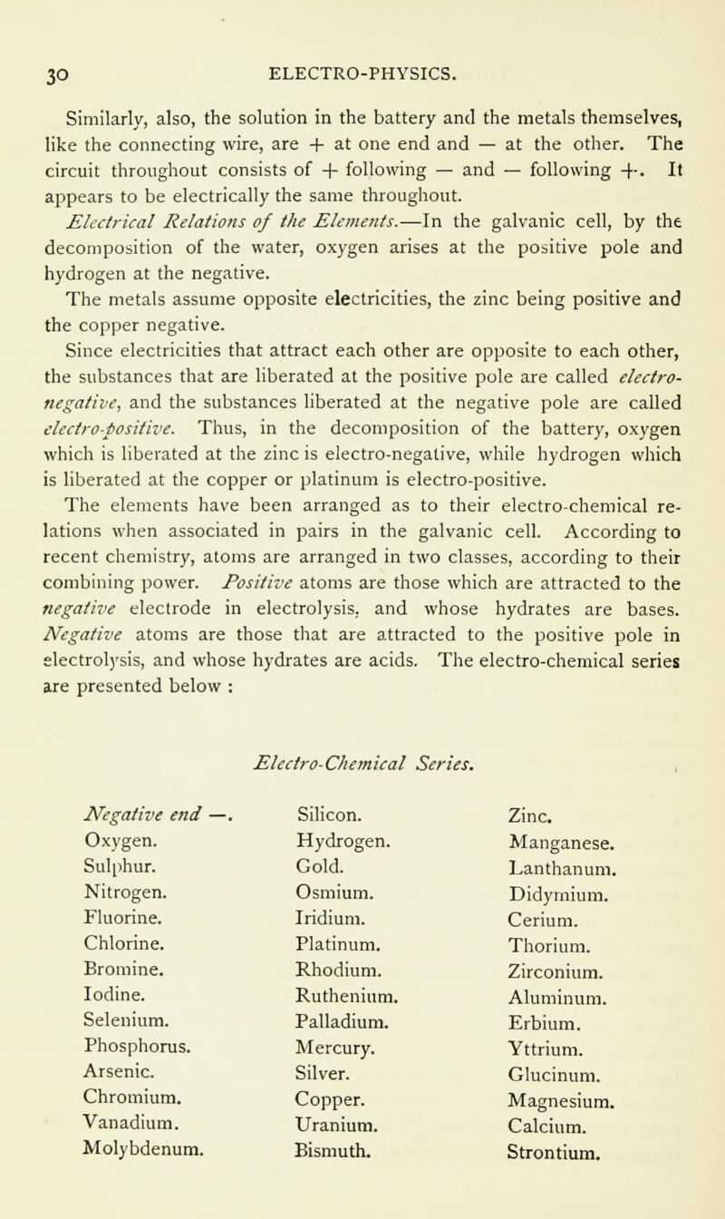 Similarly, also, the solution in the battery and the metals themselves, like the connecting wire, are + at one end and — at the other. The circuit throughout consists of + following — and — following +• It appears to be electrically the same throughout. Electrical Relations of the Elements.—In the galvanic cell, by the decomposition of the water, oxygen arises at the positive pole and hydrogen at the negative. The metals assume opposite electricities, the zinc being positive and the copper negative. Since electricities that attract each other are opposite to each other, the substances that are liberated at the positive pole are called electro- negative, and the substances liberated at the negative pole are called electro-positive. Thus, in the decomposition of the battery, oxygen which is liberated at the zinc is electro-negative, while hydrogen which is liberated at the copper or platinum is electro-positive. The elements have been arranged as to their electro-chemical re- lations when associated in pairs in the galvanic cell. According to recent chemistry, atoms are arranged in two classes, according to their combining power. Positive atoms are those which are attracted to the negative electrode in electrolysis, and whose hydrates are bases. Negative atoms are those that are attracted to the positive pole in electrolysis, and whose hydrates are acids. The electro-chemical series are presented below : Electro-Chemical Series. Negative end ■ Oxygen. Sulphur. Nitrogen. Fluorine. Chlorine. Bromine. Iodine. Selenium. Phosphorus. Arsenic. Chromium. Vanadium. Molybdenum. Silicon. Hydrogen. Gold. Osmium. Iridium. Platinum. Rhodium. Ruthenium. Palladium. Mercury. Silver. Copper. Uranium. Bismuth. Zinc. Manganese. Lanthanum. Didymium. Cerium. Thorium. Zirconium. Aluminum. Erbium. Yttrium. Glucinum. Magnesium. Calcium. Strontium.