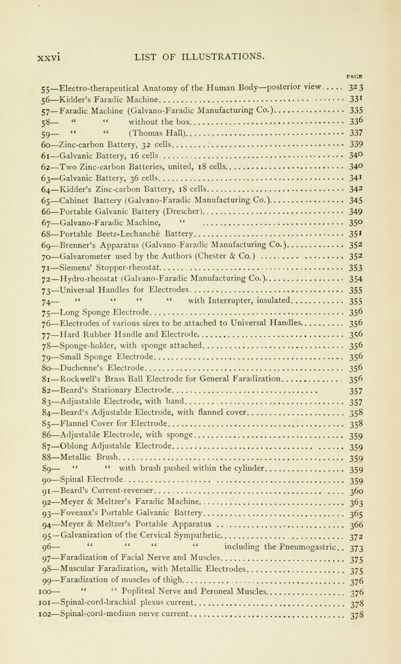 PACE 55—Electro-therapeutical Anatomy of the Human Body—posterior view 323 56—Kidder's Faradic Machine 33' 57—Faradic Machine (Galvano-Faradic Manufacturing Co.) 335 58— without the box 33^ 59— (Thomas Hall) 337 60—Zinc-carbon Battery, 32 cells 339 61—Galvanic Battery, 16 cells 34° 62—Two Zinc-carbon Batteries, united, 18 cells 34° 63—Galvanic Battery, 36 cells 34' 64—Kidder's Zinc-carbon Battery, 18 cells 342 65—Cabinet Battery (Galvano-Faradic Manufacturing Co.) 345 66—Portable Galvanic Battery (Drescher) 349 67—Galvano-Faradic Machine, 35° 68—Portable Beetz-Lechanche Battery 351 69—Brenner's Apparatus (Galvano-Faradic Manufacturing Co.) 352 70—Galvarometer used by the Authors (Chester & Co.) 352 71—Siemens' Stopper-rheostat 353 72—Hydro-rheostat (Galvano-Faradic Manufacturing Co.) 354 73—Universal Handles for Electrodes 355 74— with Interrupter, insulated 355 75—Long Sponge Electrode 35^ 76—Electrodes of various sizes to be attached to Universal Handles 356 77—Hard Rubber Handle and Electrode 356 78—Sponge-holder, with sponge attached 356 79—Small Sponge Electrode 356 80—Duchenne's Electrode 356 81 — Rockwell's Brass Ball Electrode for General Faradization 356 82—Beard's Stationary Electrode 357 83—Adjustable Electrode, with band 357 84—Beard's Adjustable Electrode, with flannel cover 358 85—Flannel Cover for Electrode 358 86—Adjustable Electrode, with sponge 359 87—Oblong Adjustable Electrode 359 88—Metallic Brush 359 89— with brush pushed within the cylinder 359 90—Spinal Electrode 359 91—Beard's Current-reverser 360 92—Meyer & Meltzer's Faradic Machine 363 93—Foveaux's Portable Galvanic Battery 365 94—Meyer & Meltzer's Portable Apparatus 366 95—Galvanization of the Cervical Sympathetic 372 96— including the Pneumogastric.. 373 97—Faradization of Facial Nerve and Muscles 375 9S—Muscular Faradization, with Metallic Electrodes 375 99—Faradization of muscles of thigh 376 100— Popliteal Nerve and Peroneal Muscles 376 IOI—Spinal-cord-brachial plexus current 378 102—Spinal-cord-medium nerve current 378