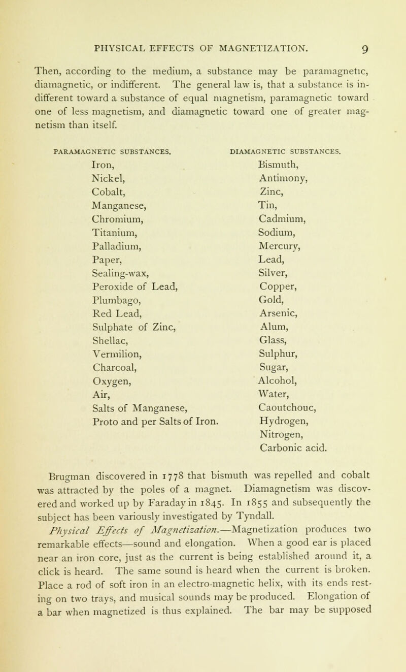 Then, according to the medium, a substance may be paramagnetic, diamagnetic, or indifferent. The general law is, that a substance is in- different toward a substance of equal magnetism, paramagnetic toward one of less magnetism, and diamagnetic toward one of greater mag- netism than itself. PARAMAGNETIC SUBSTANCES. Iron, Nickel, Cobalt, Manganese, Chromium, Titanium, Palladium, Paper, Sealing-wax, Peroxide of Lead, Plumbago, Red Lead, Sulphate of Zinc, Shellac, Vermilion, Charcoal, Oxygen, Air, Salts of Manganese, Proto and per Salts of Iron. DIAMAGNETIC SUBSTANCES. Bismuth, Antimony, Zinc, Tin, Cadmium, Sodium, Mercury, Lead, Silver, Copper, Gold, Arsenic, Alum, Glass, Sulphur, Sugar, Alcohol, Water, Caoutchouc, Hydrogen, Nitrogen, Carbonic acid. Brugman discovered in 1778 that bismuth was repelled and cobalt was attracted by the poles of a magnet. Diamagnetism was discov- ered and worked up by Faraday in 1845. In 1855 and subsequently the subject has been variously investigated by Tyndall. Physical Effects of Magnetization.—Magnetization produces two remarkable effects—sound and elongation. When a good ear is placed near an iron core, just as the current is being established around it, a click is heard. The same sound is heard when the current is broken. Place a rod of soft iron in an electro-magnetic helix, with its ends rest- ing on two trays, and musical sounds may be produced. Elongation of a bar when magnetized is thus explained. The bar may be supposed