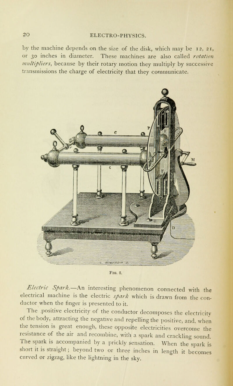 by the machine depends on the size of the disk, which may be 12, 21, or 30 inches in diameter. These machines are also called rotation multipliers, because by their rotary motion they multiply by successive transmissions the charge of electricity that they communicate. Fio. 8. Electric Spark.— An interesting phenomenon connected with the electrical machine is the electric spark which is drawn from the con- ductor when the finger is presented to it. The positive electricity of the conductor decomposes the electricity of the body, attracting the negative and repelling the positive, and, when the tension is great enough, these opposite electricities overcome the resistance of the air and recombine, with a spark and crackling sound. The spark is accompanied by a prickly sensation. When the spark is short it is straight ; beyond two or three inches in length it becomes curved or zigzag, like the lightning in the sky.