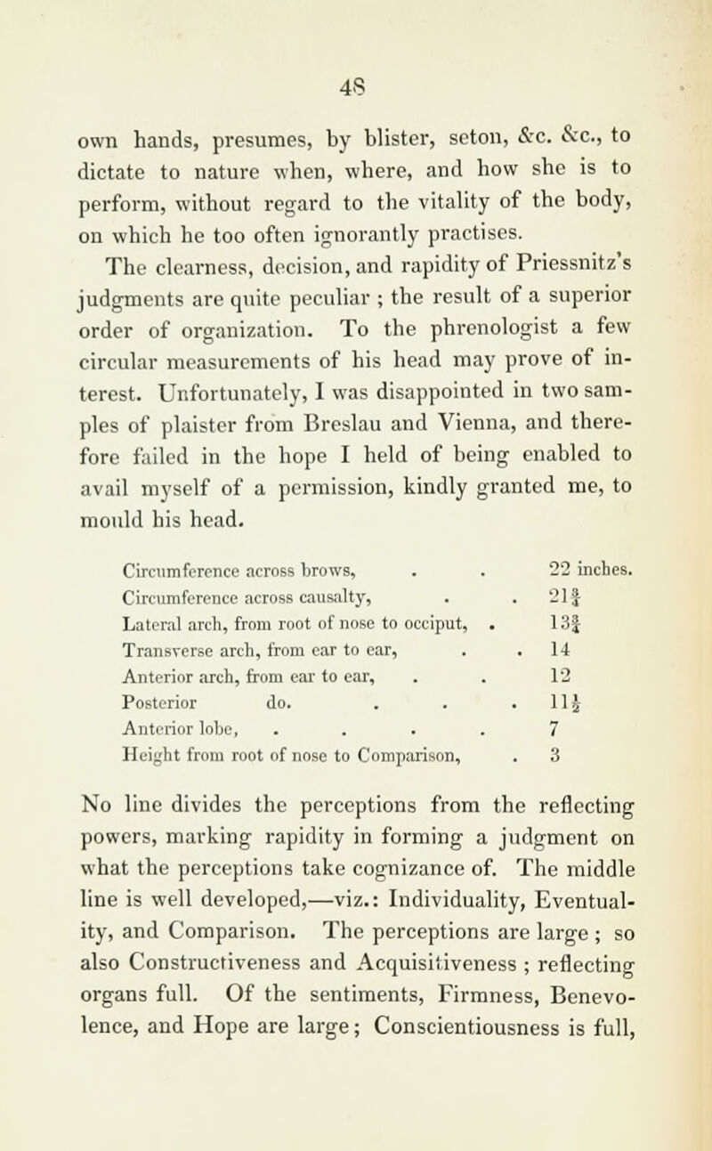 own hands, presumes, by blister, seton, &c. &c, to dictate to nature when, where, and how she is to perform, without regard to the vitality of the body, on which he too often ignorantly practises. The clearness, decision, and rapidity of Priessnitz's judgments are quite peculiar ; the result of a superior order of organization. To the phrenologist a few circular measurements of his head may prove of in- terest. Unfortunately, I was disappointed in two sam- ples of plaister from Breslau and Vienna, and there- fore failed in the hope I held of being enabled to avail myself of a permission, kindly granted me, to mould his head. Circumference across brows, . . 22 inches. Circumference across causalty, . . 21 f Lateral arch, from root of nose to occiput, . 13| Transverse arch, from ear to ear, . .14 Anterior arch, from ear to ear, . . 12 Posterior do. . . 11J Anterior lobe, .... 7 Height from root of nose to Comparison, . 3 No line divides the perceptions from the reflecting powers, marking rapidity in forming a judgment on what the perceptions take cognizance of. The middle line is well developed,—viz.: Individuality, Eventual- ity, and Comparison. The perceptions are large ; so also Constructiveness and Acquisitiveness ; reflecting organs full. Of the sentiments, Firmness, Benevo- lence, and Hope are large; Conscientiousness is full,