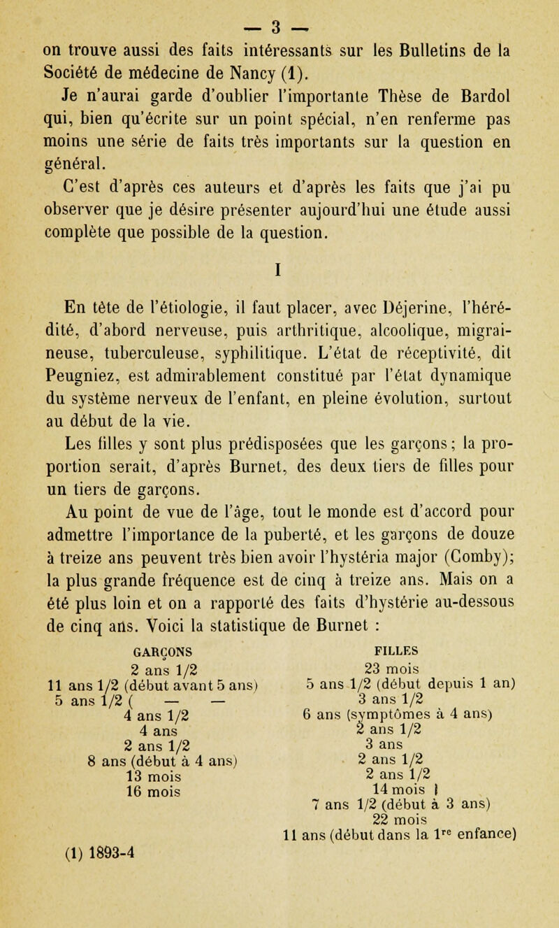 Société de médecine de Nancy (1). Je n'aurai garde d'oublier l'importante Thèse de Bardol qui, bien qu'écrite sur un point spécial, n'en renferme pas moins une série de faits très importants sur la question en général. C'est d'après ces auteurs et d'après les faits que j'ai pu observer que je désire présenter aujourd'hui une étude aussi complète que possible de la question. I En tète de l'étiologie, il faut placer, avec Déjerine, l'héré- dité, d'abord nerveuse, puis arthritique, alcoolique, migrai- neuse, tuberculeuse, syphilitique. L'état de réceptivité, dit Peugniez, est admirablement constitué par l'état dynamique du système nerveux de l'enfant, en pleine évolution, surtout au début de la vie. Les filles y sont plus prédisposées que les garçons ; la pro- portion serait, d'après Burnet, des deux tiers de filles pour un tiers de garçons. Au point de vue de l'âge, tout le monde est d'accord pour admettre l'importance de la puberté, et les garçons de douze à treize ans peuvent très bien avoir l'hystéria major (Comby); la plus grande fréquence est de cinq à treize ans. Mais on a été plus loin et on a rapporté des faits d'hystérie au-dessous de cinq ans. Voici la statistique de Burnet : GARÇONS FILLES 2 ans 1/2 23 mois 11 ans 1/2 (début avant 5 ans) 5 ans 1/2 (début depuis 1 an) 5 ans 1/2 ( — — 3 ans 1/2 4 ans 1/2 6 ans (symptômes à 4 ans) 4 ans 2 ans 1/2 2 ans 1/2 3 ans 8 ans (début à 4 ans) 2 ans 1/2 13 mois 2 ans 1/2 16 mois 14 mois I 7 ans 1/2 (début à 3 ans) 22 mois 11 ans (début dans la lre enfance) (1) 1893-4