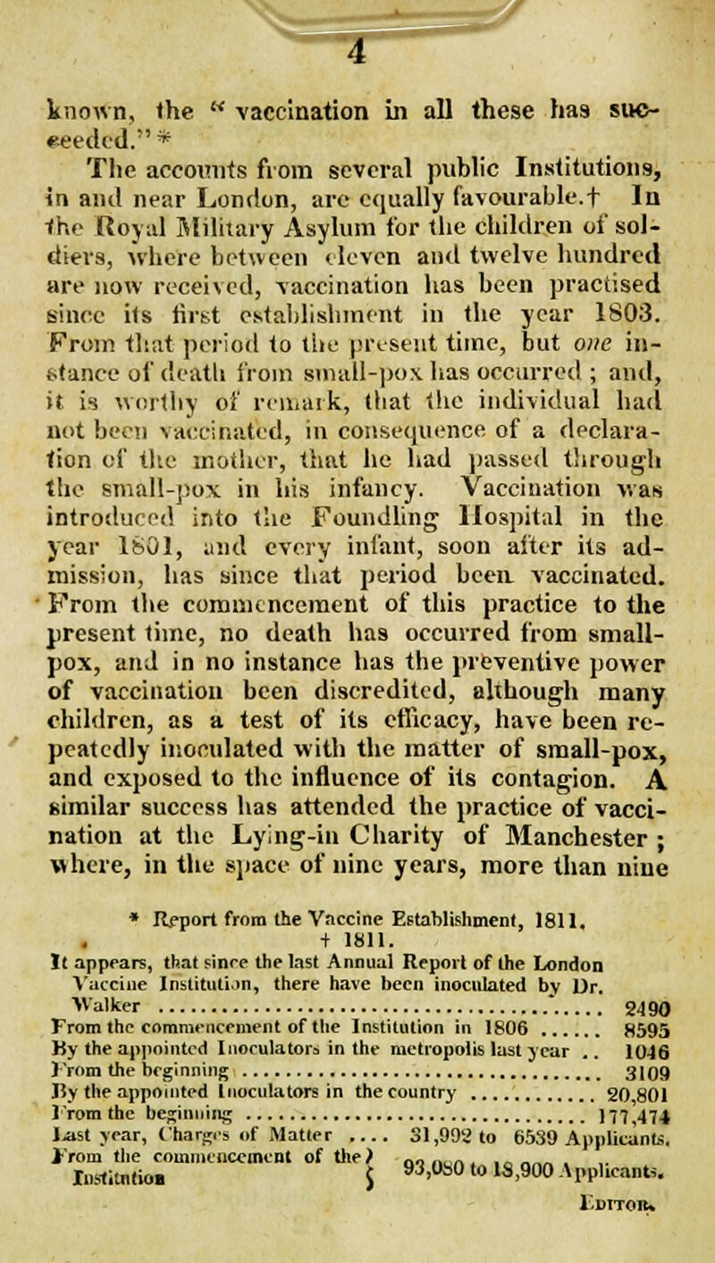 *^eecled.* Tlie accoinits from several public Institutions, in and near London, are equally favourable.f In the Royal jMilitary Asylum for tlic children of sol- diers, where between eleven and twelve hundred are now received, vaccination has been practised since its iirst establishment in the year 1803. From tliat period to ti»e ju'esent time, but one in- stance of deatli from sniall-po.\ has occurred ; and, it is wordiy of remark, that the individual had not been vaccinated, in consequence of a declara- tion of the mother, that he had j)assed through the small-pox in his infancy. Vaccination was introduced into the Foundling Hospital in the year ISOl, and every infant, soon alter its ad- mission, has since that period bcca vaccinated. ■ From tlie commencement of this practice to the present time, no death has occurred from small- pox, and in no instance has the preventive power of vaccination been discredited, although many children, as a test of its cthcacy, have been re- peatedly ir.oculated with the matter of small-pox, and exposed to the influence of its contagion. A similar success has attended the practice of vacci- nation at the Lying-in Charity of Manchester ; where, in the sjiace of nine years, more than nine • Rfport from the Vaccine Eetahlishmenl, 1811. + 1811. It appears, that sinre the last Annual Repoil of the London A'accine Instituti.>n, there have been inoculated by Ur. >Valker ' 2490 From the commencement of the Institution in 1806 8595 Ky the appointed Inoculators in the metropolis last year .. 10J6 From the beginning 3109 By the appointed Inoculators in the country 20 801 I'rom the besiniiiiig m 474 Ijist year, Chargrs of Matter 31,992 to 6539 Applicants. i'rom tlie commencement of the> no ,,on . .«« . Inslitntioi 5 ^^''^O '» 1S,900 Applicanb, l^DITOIk