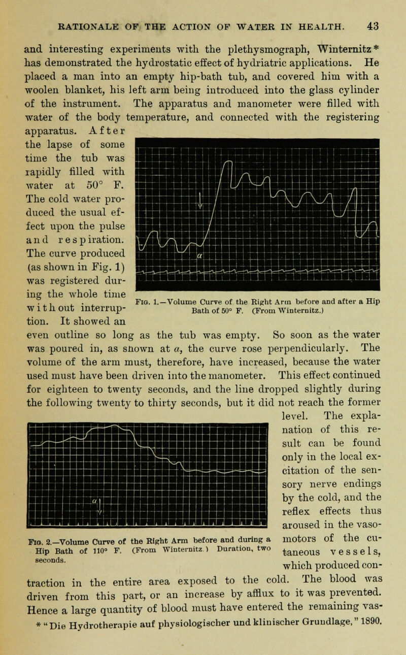 Fig. 1.—Volume Curve of the Right Arm before and after a Hip Bath of 50° F. (From Winternitz.) and interesting experiments with, the plethysmograph, Winternitz* has demonstrated the hydrostatic effect of hydriatric applications. He placed a man into an empty hip-bath tub, and covered him with a woolen blanket, his left arm being introduced into the glass cylinder of the instrument. The apparatus and manometer were filled with water of the body temperature, and connected with the registering apparatus. After the lapse of some time the tub was rapidly filled with water at 50° F. The cold water pro- duced the usual ef- fect upon the pulse and r e s p iration. The curve produced (as shown in Fig. 1) was registered dur- ing the whole time with out interrup- tion. It showed an even outline so long as the tub was empty. So soon as the water was poured in, as snown at a, the curve rose perpendicularly. The volume of the arm must, therefore, have increased, because the water used must have been driven into the manometer. This effect continued for eighteen to twenty seconds, and the line dropped slightly during the following twenty to thirty seconds, but it did not reach the former level. The expla- nation of this re- sult can be found only in the local ex- citation of the sen- sory nerve endings by the cold, and the reflex effects thus aroused in the vaso- motors of the cu- taneous vessels, which produced con- traction in the entire area exposed to the cold. The blood was driven from this part, or an increase by afflux to it was prevented. Hence a large quantity of blood must have entered the remaining vas- *  Die Hydrotherapie auf physiologischer und klinischer Gruudlage, 1890. Flo. 2.—Volume Curve of the Right Arm before and during a Hip Bath of 110° F. (From Winternitz ) Duration, two seconds.