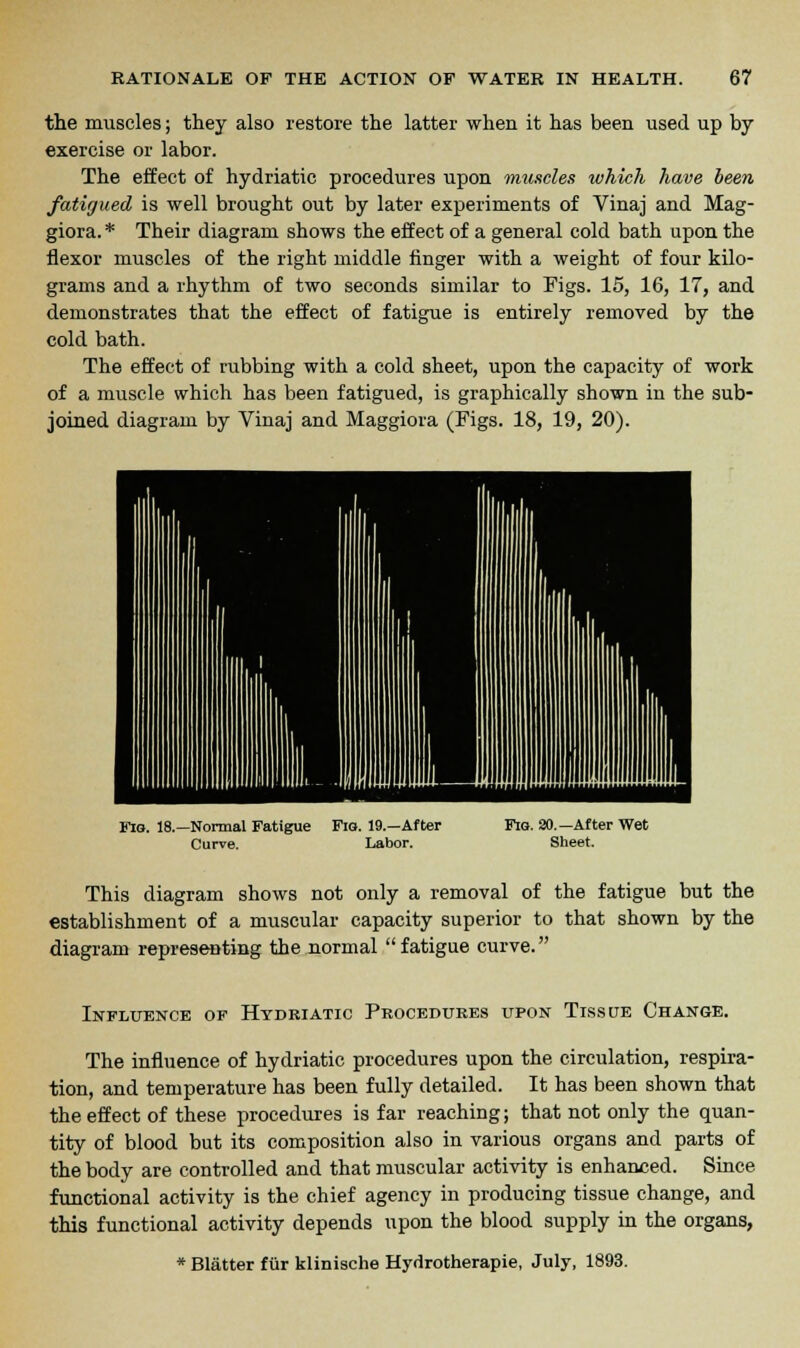 the muscles; they also restore the latter when it has been used up by exercise or labor. The effect of hydriatic procedures upon muscles which have been fatigued is well brought out by later experiments of Vinaj and Mag- giora. * Their diagram shows the effect of a general cold bath upon the flexor muscles of the right middle finger with a weight of four kilo- grams and a rhythm of two seconds similar to Figs. 15, 16, 17, and demonstrates that the effect of fatigue is entirely removed by the cold bath. The effect of rubbing with a cold sheet, upon the capacity of work of a muscle which has been fatigued, is graphically shown in the sub- joined diagram by Vinaj and Maggiora (Figs. 18, 19, 20). Curve. ue Fig. 19.—After Labor. Fig. 20.—After Wet Sheet. This diagram shows not only a removal of the fatigue but the establishment of a muscular capacity superior to that shown by the diagram representing the normal fatigue curve. Influence of Hydriatic Procedures upon Tissue Change. The influence of hydriatic procedures upon the circulation, respira- tion, and temperature has been fully detailed. It has been shown that the effect of these procedures is far reaching; that not only the quan- tity of blood but its composition also in various organs and parts of the body are controlled and that muscular activity is enhanced. Since functional activity is the chief agency in producing tissue change, and this functional activity depends upon the blood supply in the organs, * Blatter fur klinische Hydrotherapie, July, 1893.