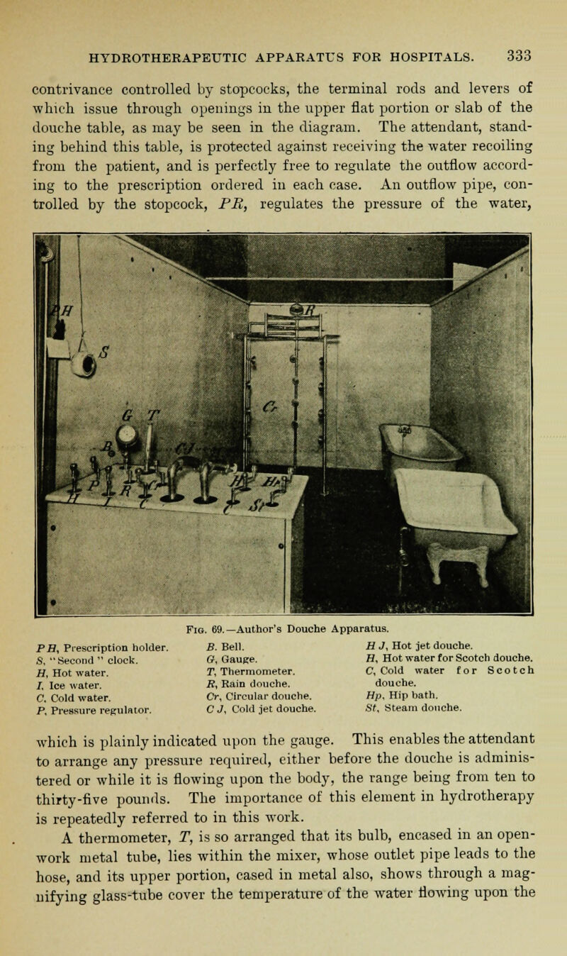 contrivance controlled by stopcocks, the terminal rods and levers of which issue through openings in the upper flat portion or slab of the douche table, as may be seen in the diagram. The attendant, stand- ing behind this table, is protected against receiving the water recoiling from the patient, and is perfectly free to regulate the outflow accord- ing to the prescription ordered in each case. An outflow pipe, con- trolled by the stopcock, PR, regulates the pressure of the water, m j ^n i .^r^ i i ■ ^ ^^^ ■SSnal1 b* j E* s/ '-.;•■ '■': J* W I ' . 1 1 j S^* I G T I Cr 1 i , \ 1 %3&>k- . . J ■ ^ ■j^^l #' Mf^Mm Bi W^&^Xflp-^ —' «■■* fl Hb I ^ I JZ—JZ s,r mm m ifc ■ H 0 ■fib Iwfl ■• Fig. 69.—Author's Douche Apparatus. Pfl, Prescription holder. S, Second clock. H, Hot water. /. Ice water. C. Cold water. P, Pressure regulator. B. Bell. G, Gauge. T, Thermometer. R, Rain douche. Cr, Circular douche. C J, Cold jet douche. H J, Hot jet douche. H, Hot water for Scotch douche. C, Cold water for Scotch douche. Hp, Hip bath. Sf, Steam douche. which is plainly indicated upon the gauge. This enables the attendant to arrange any pressure required, either before the douche is adminis- tered or while it is flowing upon the body, the range being from ten to thirty-five pounds. The importance of this element in hydrotherapy is repeatedly referred to in this work. A thermometer, T, is so arranged that its bulb, encased in an open- work metal tube, lies within the mixer, whose outlet pipe leads to the hose, and its upper portion, cased in metal also, shows through a mag- nifying glass-tube cover the temperature of the water flowing upon the