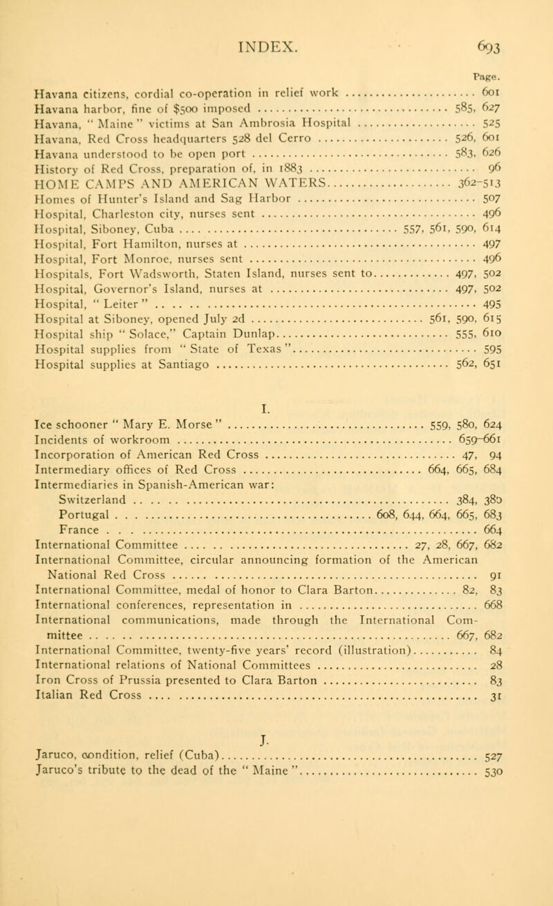 Page. Havana citizens, cordial co-operation in relief work 601 Havana harbor, fine of $500 imposed 585. 627 Havana,  Maine  victims at San Ambrosia Hospital 525 Havana, Red Cross headquarters 528 del Cerro 526, 601 Havana understood to be open port 5&3. 626 History of Red Cross, preparation of, in 1883 96 HOME CAMPS AND AMERICAN WATERS 362-513 Homes of Hunter's Island and Sag Harbor 507 Hospita Hospita Hospita Hospita Hospita Hospita Hospita Hospita Hospita Hospita Hospita , Charleston city, nurses sent 49° . Siboney, Cuba 557. 561, 59°, 614 , Fort Hamilton, nurses at 497 , Fort Monroe, nurses sent 496 s. Fort Wadsworth, Staten Island, nurses sent to 497, 502 , Governor's Island, nurses at 497. 502 ,  Leiter  495 at Siboney, opened July 2d 561, 59°, 615 ship  Solace, Captain Dunlap 555. 610 supplies from  State of Texas  595 supplies at Santiago 562, 651 I. Ice schooner  Mary E. Morse  559, 580, 624 Incidents of workroom 650-661 Incorporation of American Red Cross 47, 94 Intermediary offices of Red Cross 664, 665, 684 Intermediaries in Spanish-American war: Switzerland 384, 380 Portugal 608, 644, 664, 665, 683 France 664 International Committee 27, 28, 667, 682 International Committee, circular announcing formation of the American National Red Cross 91 International Committee, medal of honor to Clara Barton 82, 83 International conferences, representation in 668 International communications, made through the International Com- mittee 667, 682 International Committee, twenty-five years' record (illustration) 84 International relations of National Committees 28 Iron Cross of Prussia presented to Clara Barton 83 Italian Red Cross 31 Jaruco, condition, relief (Cuba) 527 Jaruco's tribute to the dead of the  Maine  530