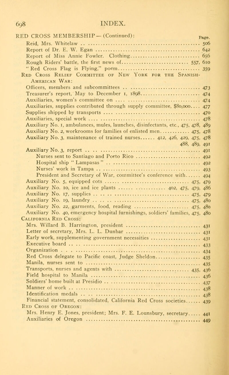 RED CROSS MEMBERSHIP—(Continued): Page Reid, Mrs. Whitelaw 506 Report of Dr. E. W. Egan 642 Report of Miss Annie Fowler. Clothing 656 Rough Riders' battle, the first news of 557, 610 Red Cross Flag is Flying, poem 359 Red Cross Relief Committee of New York for the Spanish- American War: Officers, members and subcommittees 473 Treasurer's report, May to December 1, 1898 474 Auxiliaries, women's committee on 474 Auxiliaries, supplies contributed through supply committee, $80,000.... 477 Supplies shipped by transports 470 Auxiliaries, special work 478 Auxiliary No. 1, ambulances, mules, launches, disinfectants, etc., 475, 478, 489 Auxiliary No. 2, workrooms for families of enlisted men 475, 478 Auxiliary No. 3, maintenance of trained nurses 412, 426, 429, 475, 478 488, 489, 491 Auxiliary No. 3, report 491 Nurses sent to Santiago and Porto Rico 492 Hospital ship  Lampasas  492 Nurses' work in Tampa 493 President and Secretary of War, committee's conference with 494 Auxiliary No. 5, equipped cots 475, 479 Auxiliary No. 10, ice and ice plants 402, 475, 479, 486 Auxiliary No. 17, supplies 475, 479 Auxiliary No. 19, laundry 475, 480 Auxiliary No. 22, garments, food, reading 475, 480 Auxiliary No. 40, emergency hospital furnishings, soldiers' families, 475, 480 California Red Cross: Mrs. Willard B. Harrington, president 431 Letter of secretary, Mrs. L. L. Dunbar 431 Early work, supplementing government necessities 431 Executive board 433 Organization 434 Red Cross delegate to Pacific coast, Judge Sheldon 435 Manila, nurses sent to 435 Transports, nurses and agents with 435, 436 Field hospital to Manila 436 Soldiers' home built at Presidio 437 Manner of work 43g Identification medals 438 Financial statement, consolidated, California Red Cross societies 439 Red Cross of Oregon: Mrs. Henry E. Jones, president; Mrs. F. E. Lounsbury, secretary 441 Auxiliaries of Oregon 449