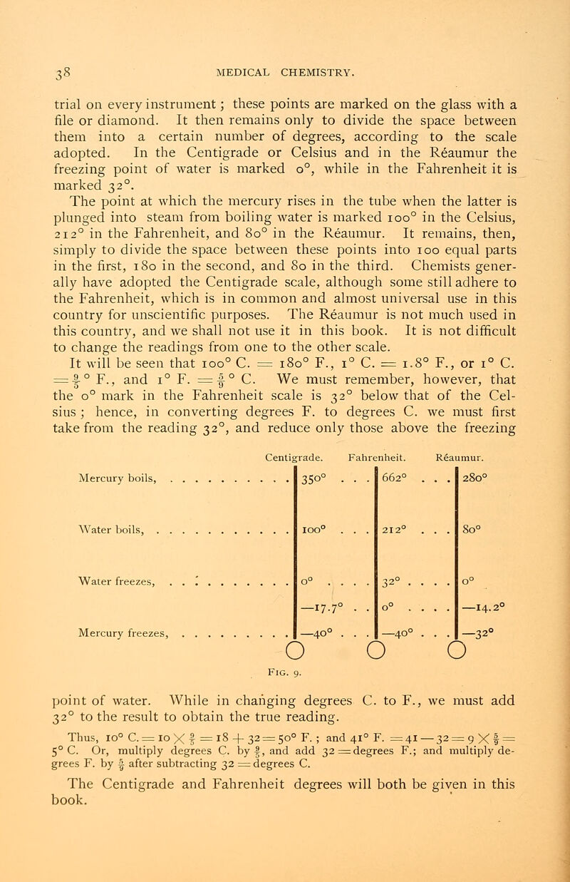 trial on every instrument; these points are marked on the glass with a file or diamond. It then remains only to divide the space between them into a certain number of degrees, according to the scale adopted. In the Centigrade or Celsius and in the Reaumur the freezing point of water is marked o°, while in the Fahrenheit it is marked 320. The point at which the mercury rises in the tube when the latter is plunged into steam from boiling water is marked ioo° in the Celsius, 2120 in the Fahrenheit, and 8o° in the Reaumur. It remains, then, simply to divide the space between these points into 100 equal parts in the first, 180 in the second, and 80 in the third. Chemists gener- ally have adopted the Centigrade scale, although some still adhere to the Fahrenheit, which is in common and almost universal use in this country for unscientific purposes. The Reaumur is not much used in this country, and we shall not use it in this book. It is not difficult to change the readings from one to the other scale. It will be seen that ioo° C. = 1800 F., i° C. = i.8° F., or i° C. = f° F., and i° F. =J-° C. We must remember, however, that the o° mark in the Fahrenheit scale is 320 below that of the Cel- sius ; hence, in converting degrees F. to degrees C. we must first take from the reading 320, and reduce only those above the freezing Mercury boils, Centigrade. 350° Water boils. Water freezes, Mercury freezes, ioou Fahrenheit. 662° 212U 32 —17.7° O -40° Reaumur. 2800 8o° o -400 -14.2C o —32s Fig. 9. point of water. While in changing degrees C. to F., we must add 320 to the result to obtain the true reading. Thus, io° C. = 10 X 1 = 18 + 32 = 500 F. ; and 410 F. = 41 — 32 = 9 X f = 5° C. Or, multiply degrees C. by f, and add 32=degrees F.; and multiply de- grees F. by I after subtracting 32 = degrees C. The Centigrade and Fahrenheit degrees will both be given in this book.