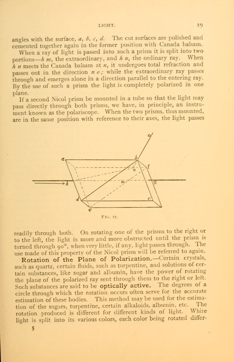 angles with the surface, a, b, c, d. The cut surfaces are polished and cemented together again in the former position with Canada balsam. When a ray of light is passed into such a prism it is split into two portions—h m, the extraordinary, and h n, the ordinary ray. When h 11 meets the Canada balsam at n, it undergoes total refraction and passes out in the direction no; while the extraordinary ray passes through and emerges alone in a direction parallel to the entering ray. By the use of such a prism the light is completely polarized in one plane. If a second Xicol prism be mounted in a tube so that the light may pass directly through both prisms, we have, in principle, an instru- ment known as the polariscope. When the two prisms, thus mounted, are in the same position with reference to their axes, the light passes Fig. 17. readily through both. On rotating one of the prisms to the right or to the left, the light is more and more obstructed until the prism is turned through 900, when very little, if any, light passes through. The use made of this property of the Nicol prism will be referred to again. Rotation of the Plane of Polarization.—Certain crystals, such as quartz, certain fluids, such as turpentine, and solutions of cer- tain substances, like sugar and albumin, have the power of rotating the plane of the polarized ray sent through them to the right or left. Such substances are said to be optically active. The degrees of a circle through which the rotation occurs often serve for the accurate estimation of these bodies. This method may be used for the estima- tion of the sugars, turpentine, certain alkaloids, albumin, etc. The rotation produced is different for different kinds of light. White light is split into its various colors, each color being rotated diflfer- 5