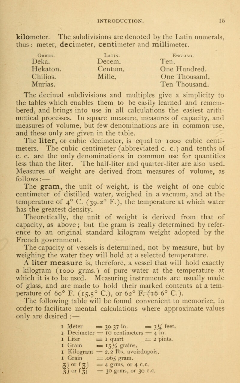 kilometer. The subdivisions are denoted by the Latin numerals, thus: meter, decimeter, centimeter and millimeter. Greek. Latin. English. Deka. Decern. Ten. Hekaton. Centum. One Hundred. Chilios. Mille. One Thousand Murias. Ten Thousand. The decimal subdivisions and multiples give a simplicity to the tables which enables them to be easily learned and remem- bered, and brings into use in all calculations the easiest arith- metical processes. In square measure, measures of capacity, and measures of volume, but few denominations are in common use, and these only are given in the table. The liter, or cubic decimeter, is equal to iooo cubic centi- meters. The cubic centimeter (abbreviated c. c.) and tenths of c. c. are the only denominations in common use for quantities less than the liter. The half-liter and quarter-liter are also used. Measures of weight are derived from measures of volume, as follows: — The gram, the unit of weight, is the weight of one cubic centimeter of distilled water, weighed in a vacuum, and at the temperature of 40 C. (39.20 F.), the temperature at which water has the greatest density. Theoretically, the unit of weight is derived from that of capacity, as above ; but the gram is really determined by refer- ence to an original standard kilogram weight adopted by the French government. The capacity of vessels is determined, not by measure, but by weighing the water they will hold at a selected temperature. A liter measure is, therefore, a vessel that will hold exactly a kilogram (1000 grms.) of pure water at the temperature at which it is to be used. Measuring instruments are usually made of glass, and are made to hold their marked contents at a tem- perature of 6o° F. (15.50 C), or 620 F. (16.6° C). The following table will be found convenient to memorize, in order to facilitate mental calculations where approximate values only are desired : — I Meter = 39.37 in. = 3^ feet. 1 Decimeter = 10 centimeters = 4 in. I Liter = I quart = 2 pints. I Gram 1= 15^ grains, I Kilogram =2.2 lbs. avoirdupois. I Grain = .065 gram. ^j or f^j =4 grms. or 4 c.c. 3 J or f5J = 3° grms> or 3o cc.