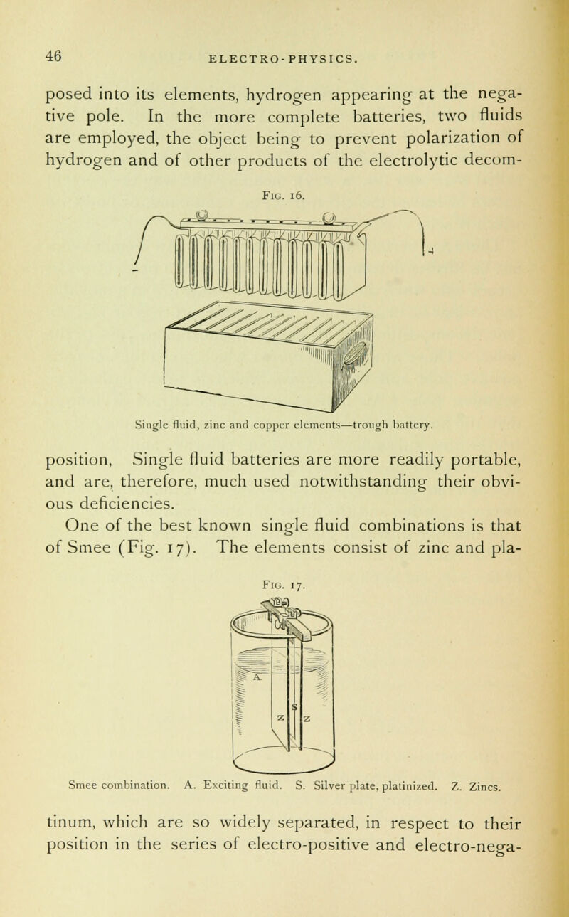 posed into its elements, hydrogen appearing at the nega- tive pole. In the more complete batteries, two fluids are employed, the object being to prevent polarization of hydrogen and of other products of the electrolytic decom- Single fluid, zinc and copper elements—trough battery. position, Single fluid batteries are more readily portable, and are, therefore, much used notwithstanding their obvi- ous deficiencies. One of the best known single fluid combinations is that of Smee (Fig. 17). The elements consist of zinc and pla- Smee combination. A. Exciting fluid. S. Silver plate, platinized. Z. Zincs. tinum, which are so widely separated, in respect to their position in the series of electro-positive and electro-nega-