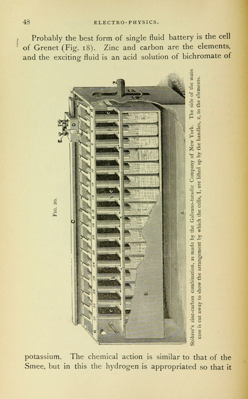 , Probably the best form of single fluid battery is the cell of Grenet (Fig. 18). Zinc and carbon are the elements, and the exciting fluid is an acid solution of bichromate of potassium. The chemical action is similar to that of the Smee, but in this the hydrogen is appropriated so that it