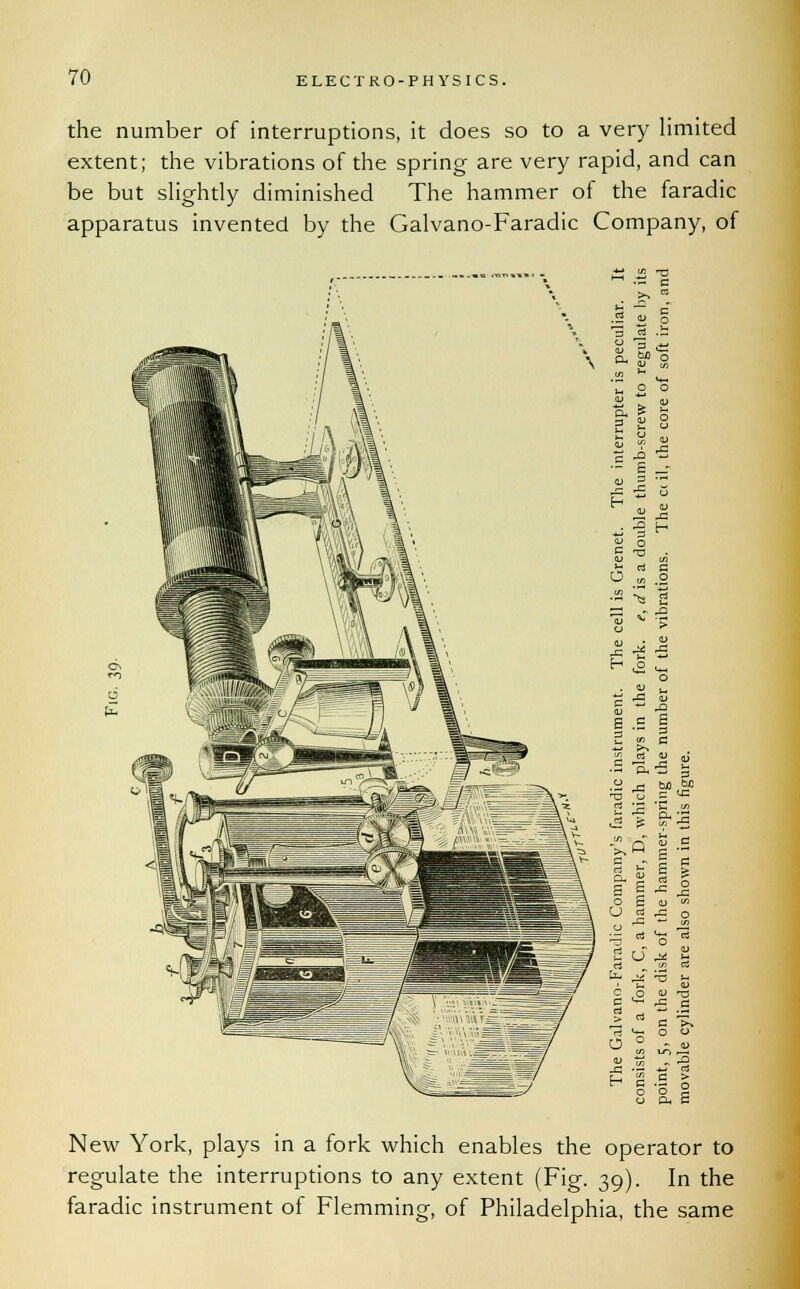 the number of interruptions, it does so to a very limited extent; the vibrations of the spring are very rapid, and can be but slightly diminished The hammer of the faradic apparatus invented by the Galvano-Faradic Company, of ii j2 t3 E O 7— J-. +-< H -2 •« a.a| d « c H aJ ^ S 6 o <j ^ ,5 , 0 >. tn lt, ^- o  i» r-a £ °js c >  G ■-- o ° S s o a. 0 New York, plays in a fork which enables the operator to regulate the interruptions to any extent (Fig. 39). In the faradic instrument of Flemming, of Philadelphia, the same