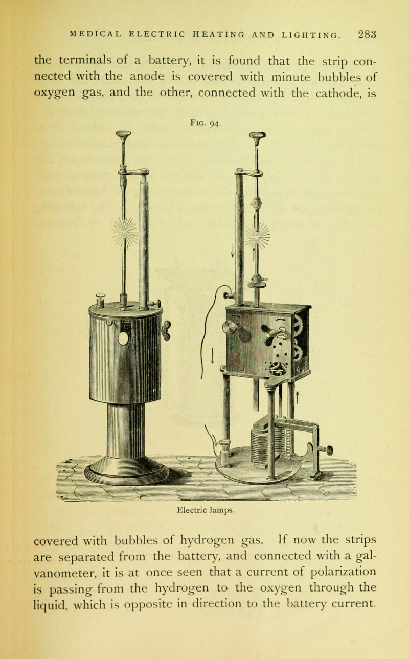 the terminals of a battery, it is found that the strip con- nected with the anode is covered with minute bubbles of oxygen gas, and the other, connected with the cathode, is Fig. 94. Klectric lamps covered with bubbles of hydrogen gas. If now the strips are separated from the battery, and connected with a gal- vanometer, it is at once seen that a current of polarization is passing from the hydrogen to the oxygen through the liquid, which is opposite in direction to the battery current.