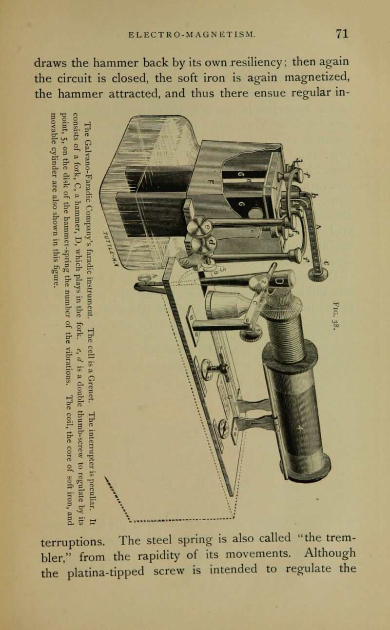 draws the hammer back by its own resiliency; then again the circuit is closed, the soft iron is again magnetized, the hammer attracted, and thus there ensue regular in- terruptions. The steel spring is also called the trem- bler, from the rapidity of its movements. Although the platina-tipped screw is intended to regulate the