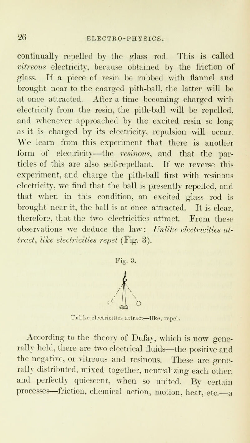 continually repelled by the glass rod. This is called vitreous electricity, because obtained by the friction of glass. If a piece of resin be rubbed with flannel and brought near to the cnarged pith-ball, the latter will be at once attracted. After a time becoming charged with electricity from the resin, the pith-ball will be repelled, and whenever approached by the excited resin so long as it is charged by its electricity, repulsion will occur. We learn from this experiment that there is another form of electricity—the resinous, and that the par- ticles of this arc also self-repcllant. If we reverse this experiment, and charge the pith-ball first with resinous electricity, we find that the ball is presently repelled, and that when in this condition, an excited glass rod is brought near it, the ball is at once attracted. It is clear, therefore, that the two electricities attract. From these observations we deduce the law: Unlike electricities at- tract, like electricities repel (Fig. 3). Fig. 3. Unlike electricities attract—like, repel. According to the theorv of Dufav, which is now gene- rally held, there are two electrical fluids—the positive and the negative, or vitreous and resinous. These are gene- rally distributed, mixed together, neutralizing each other, and perfectly quiescent, when so united. By certain processes—friction, chemical action, motion, heat, etc.—a