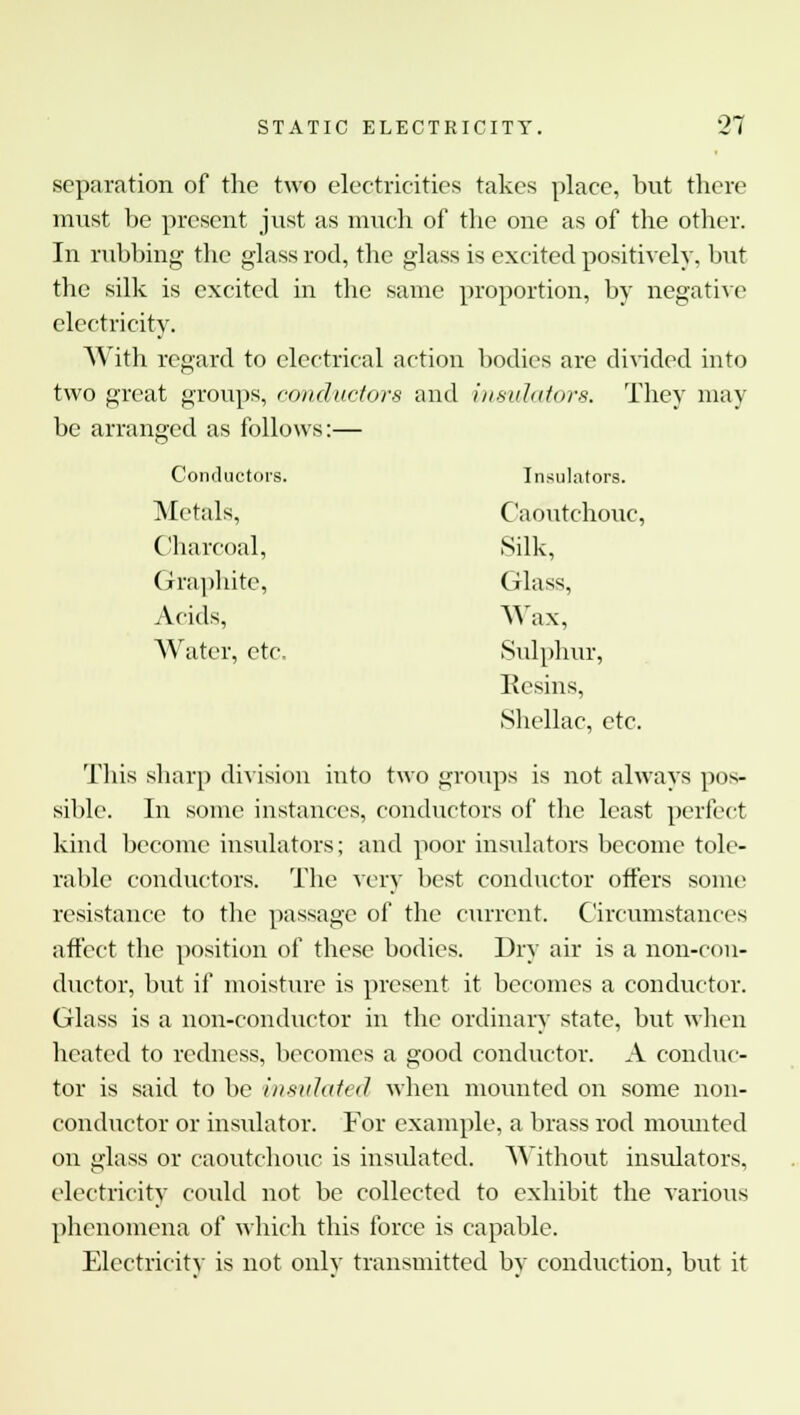 separation of the two electricities takes place, but there must be present just as much of the one as of the other. In rubbing the glass rod, the glass is excited positively, but the silk is excited in the same proportion, by negative electricity. With regard to electrical action bodies are divided into two great groups, conductors and insulators. They may be arranged as follows:— Conductors. Insulators. Metals, Caoutchouc, Charcoal, Silk, Graphite, Glass, Acids, Wax, Water, etc Sulphur, Resins, Shellac, etc. This sharp division into two groups is not always pos- sible. In some instances, conductors of the least perfect kind become insulators; and poor insulators become tole- rable conductors. The very best conductor offers some resistance to the passage of the current. Circumstances affect the position of these bodies. Dry air is a non-con- ductor, but if moisture is present it becomes a conductor. Glass is a non-conductor in the ordinary state, but when heated to redness, becomes a good conductor. A conduc- tor is said to be insulated when mounted on some non- conductor or insulator. For example, a brass rod mounted on glass or caoutchouc is insulated. Without insulators, electricity could not be collected to exhibit the various phenomena of which this force is capable. Electricity is not only transmitted by conduction, but it