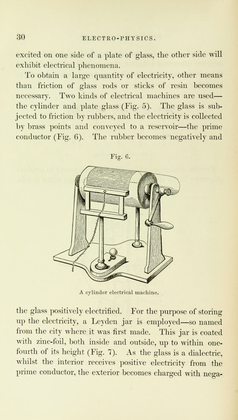 excited on one side of a plate of glass, the other side will exhibit electrical phenomena. To obtain a large quantity of electricity, other means than friction of glass rods or sticks of resin becomes necessary. Two kinds of electrical machines are used— the cylinder and plate glass (Fig. 5). The glass is sub- jected to friction by rubbers, and the electricity is collected by brass points and conveyed to a reservoir—the prime conductor (Fig. 6). The rubber becomes negatively and Fig. 6. A cylinder electrical machine. the glass positively electrified. For the purpose of storing up the electricity, a Leyden jar is employed—so named from the city where it was first made. This jar is coated with zinc-fod, both inside and outside, up to within one- fourth of its height (Fig. 7). As the glass is a dialectric, whilst the interior receives positive electricity from the prime conductor, the exterior becomes charged with ne°-a-