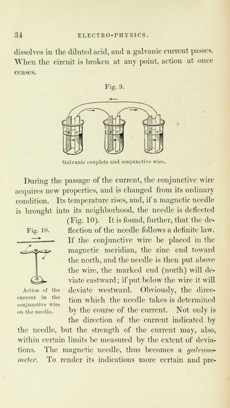 dissolves in the diluted acid, and a galvanic current passes. When the circuit is broken at any point, action at once ceases. Fig. 0. Galvanic couplets and conjunctive wire. FiS. 10. During the passage of the current, the conjunctive wire acquires new properties, and is changed from its ordinary condition. Its temperature rises, and, if a magnetic needle is brought into its neighborhood, the needle is deflected (Fig. 10). It is found, further, that the de- flection of the needle follows a definite law. If the conjunctive wire be placed in the magnetic meridian, the zinc end toward the north, and the needle is then put above the wire, the marked end (north) will de- viate eastward; if put below the wire it will deviate westward. Obviously, the direc- tion which the needle takes is determined by the course of the current. Not only is the direction of the current indicated by the needle, but the strength of the current may, also, within certain limits be measured by the extent of devia- tions. The magnetic needle, thus becomes a galvano- meter. To render its indications more certain and pre- Action of the current in the conjunctive wire on the neeflle.