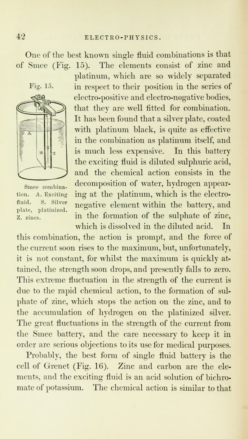 Fig. 15. Smee combina- tion. A. Exciting ftuid. S. Silver plate, platinized. Z. zincs. One of the best known single fluid combinations is that of Smee (Fig. 15). The elements consist of zinc and platinum, which are so widely separated in respect to their position in the series of electro-positive and electro-negative bodies, that they are well fitted for combination. It has been found that a silver plate, coated with platinum black, is quite as effective in the combination as platinum itself, and is much less expensive. In this battery the exciting fluid is diluted sulphuric acid, and the chemical action consists in the decomposition of water, hydrogen appear- ing at the platinum, which is the electro- negative element within the battery, and in the formation of the sulphate of zinc, which is dissolved in the diluted acid. In this combination, the action is prompt, and the force of the current soon rises to the maximum, but, unfortunately, it is not constant, for whilst the maximum is quickly at- tained, the strength soon drops, and presently falls to zero. This extreme fluctuation in the strength of the current is due to the rapid chemical action, to the formation of sul- phate of zinc, which stops the action on the zinc, and to the accumulation of hydrogen on the platinized silver. The great fluctuations in the strength of the current from the Smee battery, and the care necessary to keep it in order are serious objections to its use for medical purposes. Probably, the best form of single fluid battery is the cell of Grenet (Fig. 16). Zinc and carbon are the ele- ments, and the exciting fluid is an acid solution of bichro- mate of potassium. The chemical action is similar to that