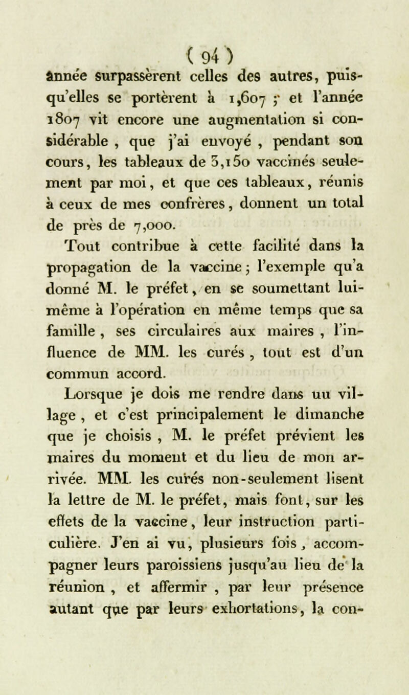 année surpassèrent celles de9 autres, puis- qu'elles se portèrent à 1,607 f et l'3™^ 1807 vit encore une augmentation si con- sidérable , que j'ai envoyé , pendant son cours, les tableaux de 5,i5o vaccinés seule- ment par moi, et que ces tableaux, réunis à ceux de mes confrères, donnent un total de près de 7,000. Tout contribue à cette facilité dans la propagation de la vaccine ; l'exemple qu'a donné M. le préfet, en se soumettant lui- même à l'opération en même temps que sa famille , ses circulaires aux maires , l'in- fluence de MM. les curés , tout est d'un commun accord. Lorsque je dois me rendre dans uu vil- lage , et c'est principalement le dimanche que je choisis , M. le préfet prévient les maires du moment et du lieu de mon ar- rivée. MM. les curés non-seulement lisent la lettre de M. le préfet, mais font, sur les effets de la vaccine, leur instruction parti- culière. J'en ai vu, plusieurs fois, accom- pagner leurs paroissiens jusqu'au lieu de la réunion , et affermir , par leur présence autant que par leurs exhortations, la con-