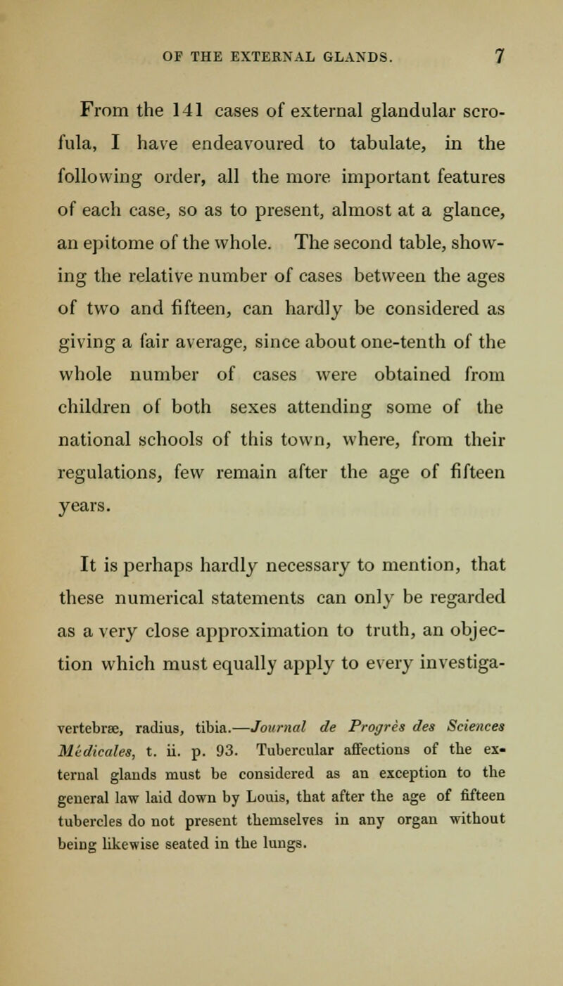 From the 141 cases of external glandular scro- fula, I have endeavoured to tabulate, in the following order, all the more important features of each case, so as to present, almost at a glance, an epitome of the whole. The second table, show- ing the relative number of cases between the ages of two and fifteen, can hardly be considered as giving a fair average, since about one-tenth of the whole number of cases were obtained from children of both sexes attending some of the national schools of this town, where, from their regulations, few remain after the age of fifteen years. It is perhaps hardly necessary to mention, that these numerical statements can only be regarded as a very close approximation to truth, an objec- tion which must equally apply to every investiga- vertebrse, radius, tibia.—Journal de Progres des Sciences Midicales, t. ii. p. 93. Tubercular affections of the ex- ternal glands must be considered as an exception to the general law laid down by Louis, that after the age of fifteen tubercles do not present themselves in any organ without being likewise seated in the lungs.