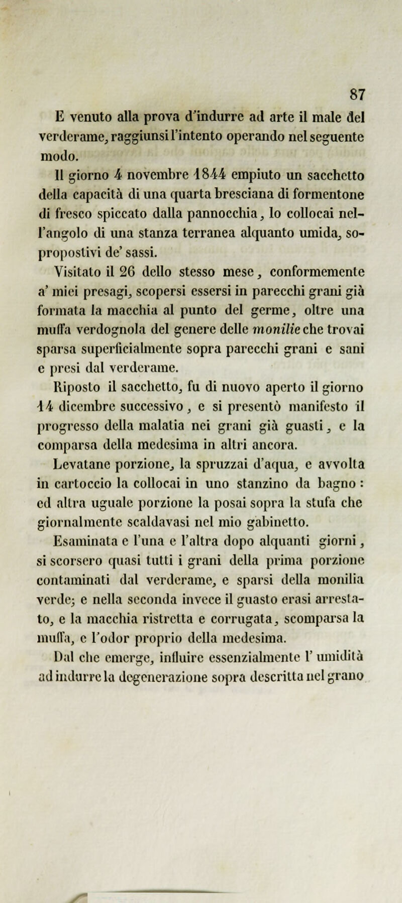 E venuto alla prova d'indurre ad arte il male del verderame, raggiunsi l'intento operando nel seguente modo. 11 giorno A novembre i844 empiuto un sacchetto della capacità di una quarta bresciana di formentone di fresco spiccato dalla pannocchia, lo collocai nel- l'angolo di una stanza terranea alquanto umida, so- proposlivi de' sassi. Visitalo il 26 dello stesso mese, conformemente a' mici presagi, scopersi essersi in parecchi grani già formata la macchia al punto del germe, oltre una muffa verdognola del genere delle monìlie che trovai sparsa superficialmente sopra parecchi grani e sani e presi dal verderame. Riposto il sacchetto, fu di nuovo aperto il giorno d'i dicembre successivo, e si presentò manifesto il progresso della malatia nei grani già guasti, e la comparsa della medesima in altri ancora. Levatane porzione, la spruzzai d'aqua, e avvolta in cartoccio la collocai in uno stanzino da bagno : ed altra uguale porzione la posai sopra la stufa che giornalmente scaldavasi nel mio gabinetto. Esaminata e l'una e l'altra dopo alquanti giorni, si scorsero quasi tutti ì grani della prima porzione contaminati dal verderame, e sparsi della moniUa verde; e nella seconda invece il guasto erasi arresta- to, e la macciiia ristretta e corrugata, scompai-sa la muffa, e l'odor proprio della medesima. Dal che emerge, influire essenzialmente 1' mnidità ad indurre la degenerazione sopra descritta nel grano