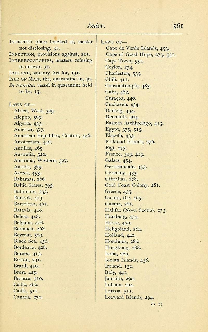 Infected place touched at, master Laws of— not disclosing, 31. Cape de Verde Islands, 453. Infection, provisions against, 211. Cape of Good Hope, 273, 551. Interrogatories, masters refusing Cape Town, 551. to answer, 31. Ceylon, 274. Ireland, sanitary Act for, 131. Charleston, 535. Isle of Man, the, quarantine in, 49. Chili, 411. In transitu, vessel in quarantine held Constantinople, 483. to be, 13. Cuba, 482. Curacoa, 440. Laws of— Cuxhaven, 434. Africa, West, 329. Dantzig, 434. Aleppo, 509. Denmark, 404. Algeria, 433. Eastern Archipelago, 413. America, 377. Egypt, 375, 5i5- American Republics, Central, 446. Elspeth, 433. Amsterdam, 440. Falkland Islands, 276. Antilles, 465. Figi, 277. Australia, 320. France, 343, 413. Australia, Western, 327. Galatz, 454. Austria, 379. Geestemiinde, 433. Azores, 453. Germany, 433. Bahamas, 266. Gibraltar, 278. Baltic States, 395. Gold Coast Colony, 281. Baltimore, 533. Greece, 435. Bankok, 413. Guaira, the, 465. Barcelona, 461. Guiana, 281. Batavia, 440. Iialifax (Nova Scotia), 273. Belem, 448. Hamburg, 434. Belgium, 408. Havre, 430. Bermuda, 268. Heligoland, 284. Beyrout, 509. Holland, 440. Black Sea, 456. Honduras, 286. Bordeaux, 428. Hongkong, 288. Borneo, 413. India, 289. Boston, 531. Ionian Islands, 438. Brazil, 410. Ireland, 131. Brest, 429. Italy, 441. Broussa, 510. Jamaica, 290. Cadiz, 469. Labuan, 294. Caiffa, 511. Larissa, 511. Canada, 270. Leeward Islands, 294. O 0