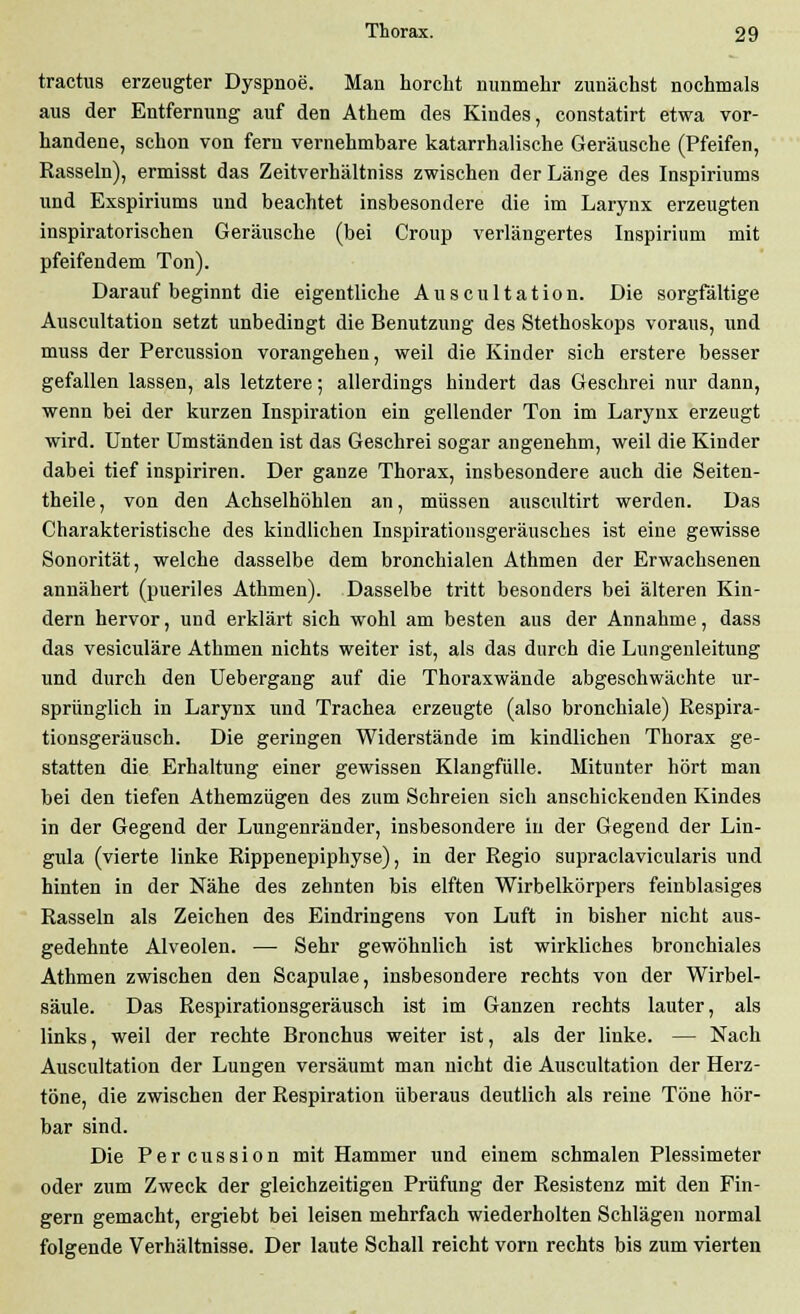 tractus erzeugter Dyspnoe. Man horcht nunmehr zunächst nochmals aus der Entfernung auf den Athem des Kindes, constatirt etwa vor- handene, schon von fern vernehmbare katarrhalische Geräusche (Pfeifen, Rasseln), ermisst das Zeitverhältniss zwischen der Länge des Inspiriums und Exspiriums und beachtet insbesondere die im Larynx erzeugten inspiratorischen Geräusche (bei Croup verlängertes Inspirium mit pfeifendem Ton). Darauf beginnt die eigentliche Auscultation. Die sorgfältige Auscultation setzt unbedingt die Benutzung des Stethoskops voraus, und muss der Percussion vorangehen, weil die Kinder sich erstere besser gefallen lassen, als letztere; allerdings hindert das Geschrei nur dann, wenn bei der kurzen Inspiration ein gellender Ton im Larynx erzeugt wird. Unter Umständen ist das Geschrei sogar angenehm, weil die Kinder dabei tief inspiriren. Der ganze Thorax, insbesondere auch die Seiten- theile, von den Achselhöhlen an, müssen auscultirt werden. Das Charakteristische des kindlichen Inspirationsgeräusches ist eine gewisse Sonorität, welche dasselbe dem bronchialen Athmen der Erwachsenen annähert (pueriles Athmen). Dasselbe tritt besonders bei älteren Kin- dern hervor, und erklärt sich wohl am besten aus der Annahme, dass das vesiculäre Athmen nichts weiter ist, als das durch die Lungenleitung und durch den Uebergang auf die Thoraxwände abgeschwächte ur- sprünglich in Larynx und Trachea erzeugte (also bronchiale) Respira- tionsgeräusch. Die geringen Widerstände im kindlichen Thorax ge- statten die Erhaltung einer gewissen Klangfülle. Mitunter hört man bei den tiefen Athemzügen des zum Schreien sich anschickenden Kindes in der Gegend der Lungenränder, insbesondere in der Gegend der Lin- gula (vierte linke Rippenepiphyse), in der Regio supraclavicularis und hinten in der Nähe des zehnten bis elften Wirbelkörpers feinblasiges Rasseln als Zeichen des Eindringens von Luft in bisher nicht aus- gedehnte Alveolen. — Sehr gewöhnlich ist wirkliches bronchiales Athmen zwischen den Scapulae, insbesondere rechts von der Wirbel- säule. Das Respirationsgeräusch ist im Ganzen rechts lauter, als links, weil der rechte Bronchus weiter ist, als der linke. — Nach Auscultation der Lungen versäumt man nicht die Auscultation der Herz- töne, die zwischen der Respiration überaus deutlich als reine Töne hör- bar sind. Die Percussion mit Hammer und einem schmalen Plessimeter oder zum Zweck der gleichzeitigen Prüfung der Resistenz mit den Fin- gern gemacht, ergiebt bei leisen mehrfach wiederholten Schlägen normal folgende Verhältnisse. Der laute Schall reicht vorn rechts bis zum vierten