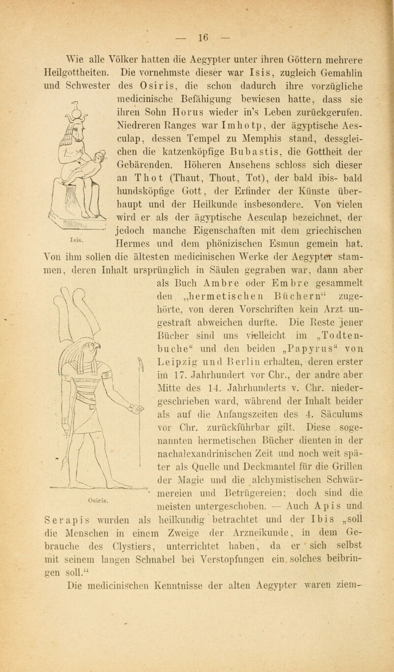AVie alle Völker hatten die Aegypter unter ihren Göttern mehrere Heilgottheiten. Die vornehmste dieser war Isis, zugleich Gemahlin und Schwester des Osiris, die schon dadurch ihre vorzügliche medicinische Befähigung bewiesen hatte, dass sie ihren Sohn Horus wieder in's Leben zurückgerufen. Niedreren Ranges warlmhotp, der ägyptische Acs- culap, dessen Tempel zu Memphis stand, dessglei- chen die katzenköpfige Bubastis, die Gottheit der Gebärenden. Höheren Ansehens schloss sich dieser an Thot (Thaut, Thout, Tot), der bald ibis- bald hundsköpfige Gott, der Erfinder der Künste über- haupt und der Heilkunde insbesondere. Von vielen wird er als der ägyptische Aesculap bezeichnet, der jedoch manche Eigenschaften mit dem griechischen ^^'^' Hermes und dem phönizischen Esmun gemein hat. Von ihm sollen die ältesten medicinischen Werke der Aegypter stam- men, deren Inhalt ursprünghch in Säulen gegraben war, dann aber als Buch Ambre oder Embre gesammelt den ,,hermetischen Büchern' zuge- hörte, von deren Vorschriften kein Arzt- un- gestraft abweichen durfte. Die Reste jener Bücher sind uns vielleicht im .,Todten- buche und den beiden „Papyrus von Leipzig und Berlin erhalten, deren erster ini 17. Jahrhundert vor Chr., der andre aber Mitte des 14. Jahrhunderts v. Chr. nieder- geschrieben ward, während der Inhalt beider als auf die Anfangszeiten des 4. Säculums vor Chr. zurückführbar gilt. Diese soge- nannten hermetischen Bücher dienten in der nachalexandrinischen Zeit und noch weit spä- ter als Quelle und Deckmantel für die Grillen der Magie und die alchymistischen Schwär- mereien und Betrügereien; doch sind die meisten untergeschoben. — Auch Apis und Serapis wurden als heilkundig betrachtet und der Ibis „soll die Menschen in einem Zweige der Arzneikunde, in dem Ge- brauche des Clystiers, unterrichtet haben, da er sich selbst mit seinem langen Schnabel bei Verstopfungen ein solches beibrin- gen soll. Die medicinischen Kenntnisse der alten Aegypter waren ziem- Osiris.