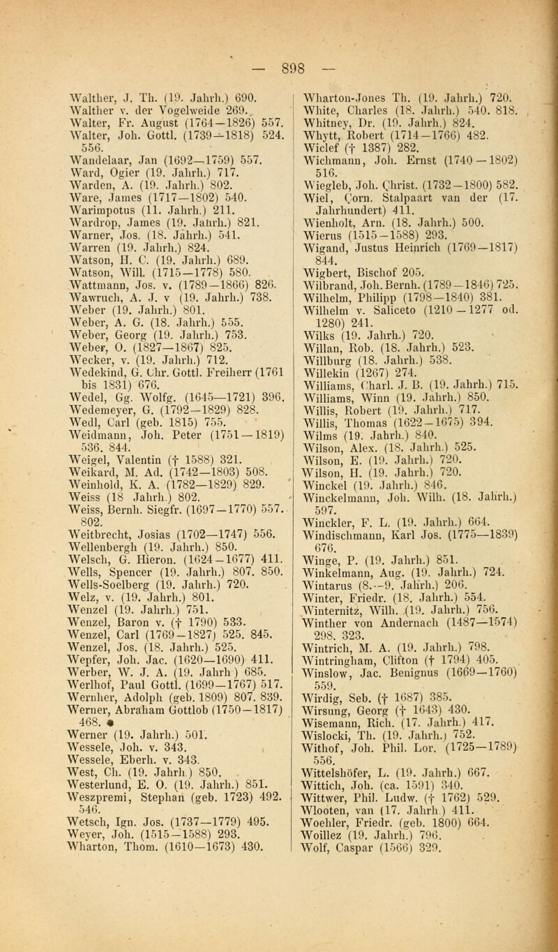 Walther, J. Th. (10. Jalirh.) 690. Walther v. der Vo£;el\veide 269. Walter, Fr. August (1764-1826) 557. Walter, Joli. Gottl. (1739--1818) 524. 556. Wandelaar, Jan (1692—1759) 557. Ward, Ogier (19. Jalirli.) 717. Warden, A. (19. Jalirli.) 802. Ware, James (1717-1802) 540. Warimpotus (11. Jalirli.) 211. Wardrop, James (19. Jalirli.) 821. Warner, Jos. (18. Jährli.) 541. Warren (19. Jalirli.) 824. Watson, H. C. (19. Jalirli.) 689. Watson, Will. (1715-1778) 580. Wattmann, Jos. v. (1789-1866) 826. Wawruch, A. J. v (19. Jalirli.) 738. Weber (19. Jalirli.) 801. Weber, A. G. (18. Jahrli.) 555. Weber, Georg (19. Jalirli.) 753. Weber, 0. (1827—1867) 825. Wecker, v. (19. Jahrb.) 712. Wedekind, G. Chr. Gottl. Freiherr (1761 bis 1831) 676. Wedel, Gg. Wolfg. (1645—1721) 396. Wedemeyer, G. (1792-1829) 828. Wedl, Carl (geb. 1815) 755. Weidmann, Joh. Peter (1751 — 1819) 536. 844. Weigel, Valentin (f 1588) 321. Weikard, M. Ad. (1742—1803) 508. Weinhold, K. A. (1782—1829) 829. Weiss (18 Jahrh.) 802. Weiss, Bernh. Siegfr. (1697-1770) 557. 802. Weitbrecht, Josias (1702—1747) 556. Wellenbergh (19. Jalirh.) 850. Welsch, G. Hieron. (1624-1677) 411. Wells, Spencer (19. Jahrh.) 807. 850. Wells-Soelberg (19. Jahrh.) 720. Welz, V. (19. Jahrh.) 801. Wenzel (19. Jalirh.) 751. Wenzel, Baron v. (f 1790) 533. Wenzel, Carl (1769-1827) 525. 845. Wenzel, Jos. (18. Jalirh.) 525. Wepfer, Joh. Jac. (1620—1690) 411. Werber, W. J. A. (19. Jalirh) 685. Werlhof, Paul Gottl. (1699-1767) 517. Wernher, Adolph (geb. 1809) 807. 839. Werner, Abraham Gottlob (1750-1817) 468. • Werner (19. Jahrh.) 501. Wessele, Joh. v. 343. Wessele, Eberh. v. 343. West, Ch. (19. Jalirh.) 850. Westerland, E. 0. (19. Jalirh.) 851. Weszpremi, Stephan (geb. 1723) 492. 546. Wetsch, Ign. Jos. (1737—1779) 495. Weyer, Joh. (1515-1588) 293. Wharton, Thom. (1610—1673) 430. Wharton-Jones Th. (19. Jahrh.) 720. White, Charles (18. .Jahrh.) 540. 818. Whitney, Dr. (19. Jalirh.) 824. Whytt, Kobert (1714-1766) 482. Wiclef (t 1387) 282. Wichmann, Joh. Ernst (1740 — 1802) 516. Wiegleb, Joh. Christ. (1732-1800) 582. Wiel, Corn. Stalpaart van der (17. Jahrhundert) 411. Wienholt, Arn. (18. Jahrh.) 500. Wierus (1515-1588) 293. Wigand, Justus Heinrich (1769—1817) 844. Wigbert, Bischof 205. Wilbrand, Joh. Bernh. (1789-1846) 725. Wilhelm, Philipp (1798-1840) 381. Wilhelm v. Saliceto (1210-1277 od. 1280) 241. Wilks (19. Jahrh.) 720. Willan, Roh. (18. Jahrh.) 523. Willburg (18. Jahrh.) 538. Willekin (1267) 274. Williams, Oharl. J. B. (19. Jahrh.) 715. WiUiams, Winn (19. Jalirh.) 850. Willis, Robert (19. Jalirh.) 717. Willis, Thomas (1622-1675) 394. Wilms (19. Jahrh.) 840. Wilson, Alex. (18. Jahrh.) 525. Wilson, E. (19. Jalirh.) 720. Wilson, H. (19. Jahrh.) 720. Winckel (19. Jahrh.) 846. Winckelmann, Joh. Wilh. (18. Jalirh.) 597. Winckler, F. L. (19. .Jahrh.) 664. Windischmann, Karl Jos. (1775—1839) 676. Winge, P. (19. Jahrh.) 851. Winkelmann, Aug. (19. Jalirh.) 724. Wintarus (8.-9. Jalirh.) 206. Winter, Friedr. (18. Jahrh.) 554. Winternitz, Wilh. (19. Jahrh.) 756. Winther von Andernach (1487—1574) 298. 323. Wintrich, M. A. (19. Jalirh.) 798. Wintringham, Clifton (f 1794) 405. Winslow, Jac. Benignus (16ß9-1760) 559. Wirdig, Seb. (f 1687) 385. Wirsung, Georg (f 1643) 430. Wisemann, Rieh. (17. Jahrh.) 417. Wislocki, Th. (19. Jahrh.) 752. Withof, Joh. Phil. Lor. (1725-1789) 556. Wittelshöfer, L. (19. .Jahrh.) 667. Wittich, Joh. (ca. 1591) 340. Wittwer, Phil. Ludw. (f 1762) 529. Wlooten, van (17. Jahrh.) 411. Woehler, Friedr. (geb. 1800) 664. Woillez (19. Jalirh.) 796. Wolf, Caspar (1566) 329.