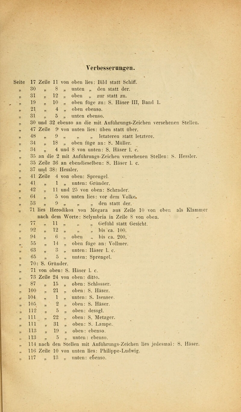 Yerbesseruiiffeu. Seite 17 30 31 19 21 31 30 47 48 34 34 35 35 37 41 41 42 64 53 71 77 92 94 55 63 65 70 71 73 87 100 104 105 112 111 111 113 113 114 116 117 12 10 4 5 Zeile 11 von oben lies: Bild statt Schiff. „ 8 „ unten „ den statt der. oben „ zur statt zu. oben füge zu: S. Häser III, Band 1. oben ebenso, unten ebenso. und 32 ebenso an die mit. Anführungs-Zeichen versehenen Stellen. Zeile 9 von unten lies: üben statt über. „ 9 „ „ „ letzteren statt letztere. „ 18 „ oben füge an: S. Müller. „ 4 und 8 von unten: S. Häser 1. c. an die 2 mit Anführungs-Zeichen versehenen Stellen; S. Hessler. Zeile 36 an ebendieselben: S. Häser 1. c. und 38: Hessler. Zeile 4 von oben: Sprengel. „ 1 „ unten: Gründei*. „ 11 und 25 von oben: Schrader. „ 5 von unten lies: vor dem Volke. „ 9 „ „ ,, den statt der. lies Herodikos von Megara aus Zeile 10 von oben als Klammer nach dem Worte: Selj-mbria in Zeile 8 von oben. „ 11 „ « 12 „ « 6 „ „ 14 „ » 3 „ „ 5 „ ; S. Gründer, von oben: S Zeile 24 von oben „ 15 „ 21 . 1 ,. „ Gefühl statt Gesicht. „ „ bis ca. 100. oben ., bis ca. 200. oben füge an: Vollmer, unten: Häser 1. c. unten: Sprengel. Häser 1. c. ditto. „ oben: Schlosser. „ oben: S. Häser. „ unten: S. Isensee. „ 2 „ oben: S. Häser. ,, 5 „ oben: dessgl. „ 22 „ oben: S. Metzger. „ 31 „ oben: S. Lampe. „ 19 „ oben: ebenso. „ 5 „ unten: ebenso, nach den Stellen mit Anführungs-Zeichen lies jedesmal: S. Häser. Zeile 10 von unten lies: Philippe-Ludwig. 13 .. unten: ebenso.