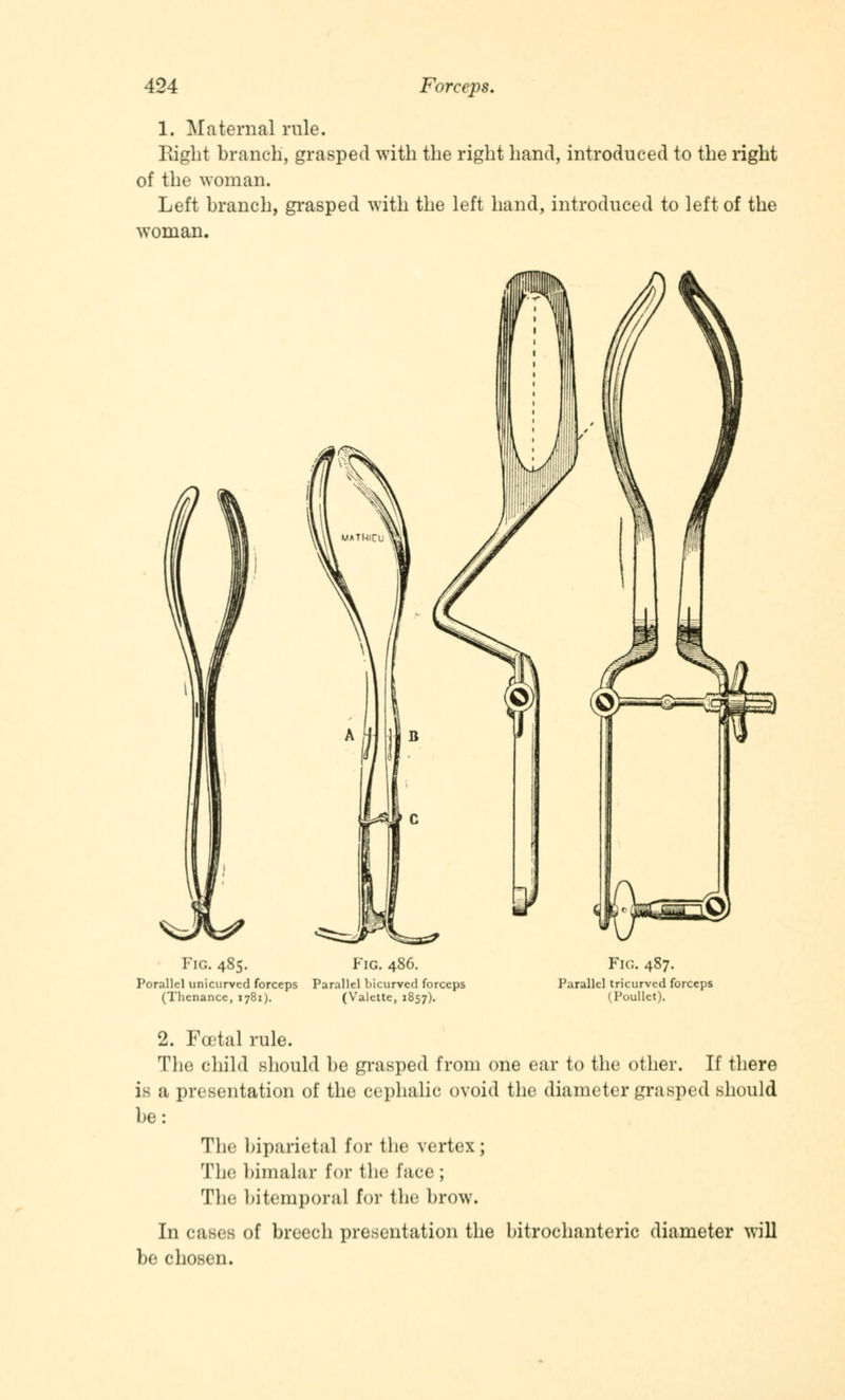 1. Maternal rule. Right branch, grasped with the right hand, introduced to the right of the woman. Left branch, grasped with the left hand, introduced to left of the woman. Fig. 485. Fig. 486. Porallel unicurvcd forceps Parallel bicurved forceps (Thenance, 1781). (Valette, 1857). Fig. 487. Parallel tricurved forceps (Poullct). 2. Foetal rule. The child should be grasped from one ear to the other. If there is a presentation of the cephalic ovoid the diameter grasped should l>e: The biparietal for the vertex; The bimalar for the lace; The bitemporal for the brow. In cases of breech presentation the bitrochanteric diameter will be chosen.