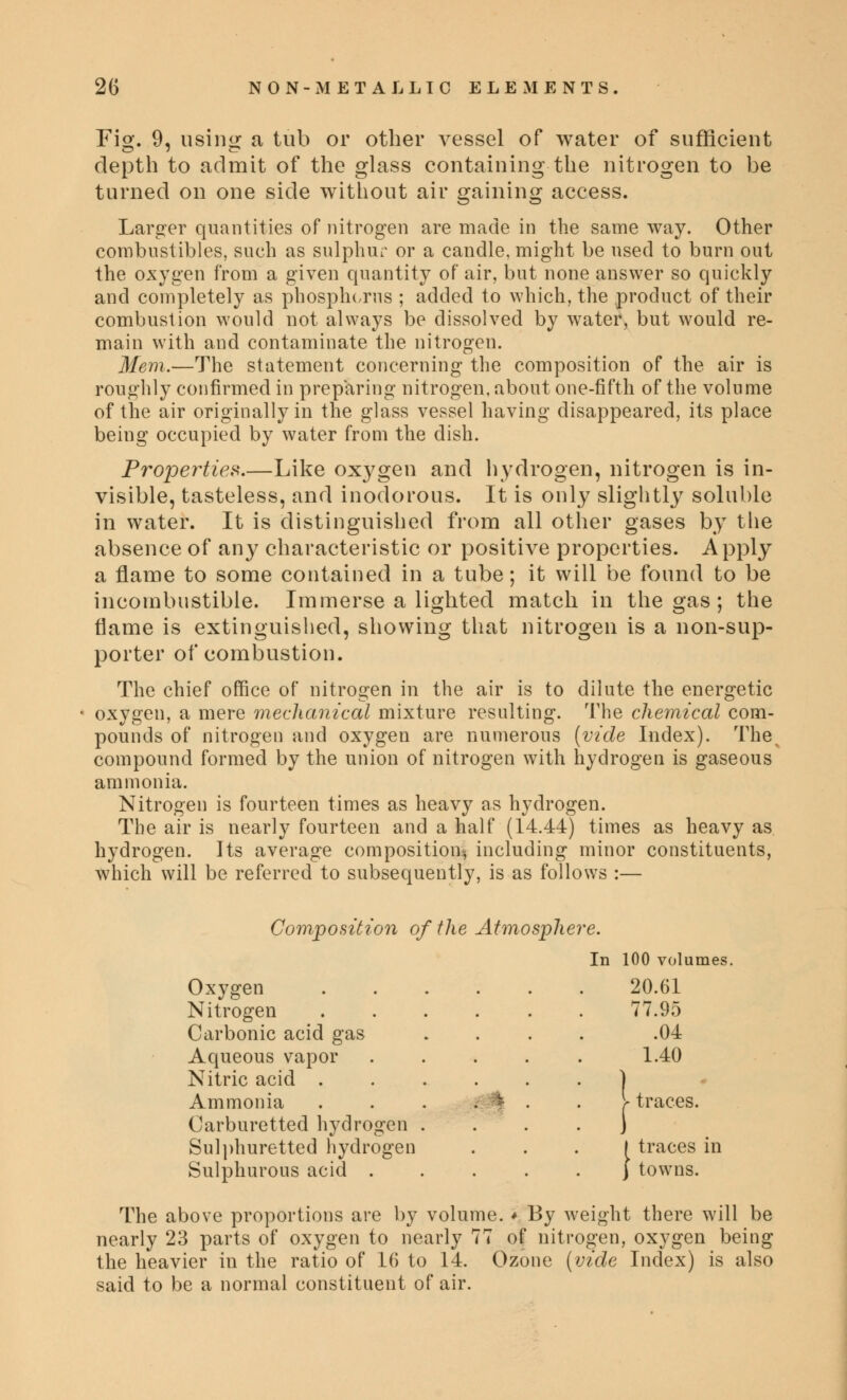 Fig. 9, using a tub or other vessel of water of sufficient depth to admit of the glass containing the nitrogen to be turned on one side without air gaining access. Larger quantities of nitrogen are made in the same way. Other combustibles, such as sulphur or a candle, might be used to burn out the oxygen from a given quantity of air, but none answer so quickly and completely as phosphorus ; added to which, the product of their combustion would not always be dissolved by water, but would re- main with and contaminate the nitrogen. Mem.—The statement concerning the composition of the air is roughly confirmed in preparing nitrogen, about one-fifth of the volume of the air originally in the glass vessel having disappeared, its place being occupied by water from the dish. Properties.—Like oxygen and hydrogen, nitrogen is in- visible, tasteless, and inodorous. It is only slightly soluble in water. It is distinguished from all other gases by the absence of any characteristic or positive properties. Apply a flame to some contained in a tube; it will be found to be incombustible. Immerse a lighted match in the gas; the flame is extinguished, showing that nitrogen is a non-sup- porter of combustion. The chief office of nitrogen in the air is to dilute the energetic oxygen, a mere mechanical mixture resulting. The chemical com- pounds of nitrogen and oxygen are numerous (vide Index). The compound formed by the union of nitrogen with hydrogen is gaseous ammonia. Nitrogen is fourteen times as heavy as hydrogen. The air is nearly fourteen and a half (14.44) times as heavy as hydrogen. Its average composition^ including minor constituents, which will be referred to subsequently, is as follows :— Composition of the Atmosphere. In 100 volumes. Oxygen 20.61 Nitrogen 77.95 Carbonic acid gas .... .04 Aqueous vapor ..... 1.40 Nitric acid ..... Ammonia ... \ . Carburetted hydrogen .... Sulphuretted hydrogen ... I traces in Sulphurous acid ) towns. The above proportions are by volume. * By weight there will be nearly 23 parts of oxygen to nearly 77 of nitrogen, oxygen being the heavier in the ratio of 16 to 14. Ozone (vide Index) is also said to be a normal constituent of air. >traces.