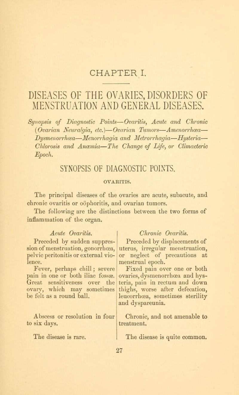 CHAPTER I. DISEASES OF THE OVARIES, DISORDERS OF MENSTRUATION AND GENERAL DISEASES. Synopsis of Diagnostic Points—Ovaritis, Acute and Chronic (Ovarian Neuralgia, etc.)—Ovarian Tumors—Amenorrhea— Dysmenorrh&a—Menorrhagia and Metrorrhagia—Hysteria— Chlorosis and Ancemia—The Change of Life, or Climacteric Epoch. SYNOPSIS OF DIAGNOSTIC POINTS. OVARITIS. The principal diseases of the ovaries are acute, subacute, and chronic ovaritis or oophoritis, and ovarian tumors. The following are the distinctions between the two forms of inflammation of the organ. Acute Ovaritis. Preceded by sudden suppres- sion of menstruation, gonorrhoea, pelvic peritonitis or external vio- lence. Fever, perhaps chill; severe pain in one or both iliac fossae. Great sensitiveness over the ovary, which may sometimes be felt as a round ball. Abscess or resolution in four to six days. The disease is rare. Chronic Ovaritis. Preceded by displacements of uterus, irregular menstruation, or neglect of precautions at menstrual epoch. Fixed pain over one or both ovaries, dysmenorrhcea and hys- teria, pain in rectum and down thighs, worse after defecation, leucorrhcea, sometimes sterility and dyspareunia. Chronic, and not amenable to treatment. The disease is quite common.