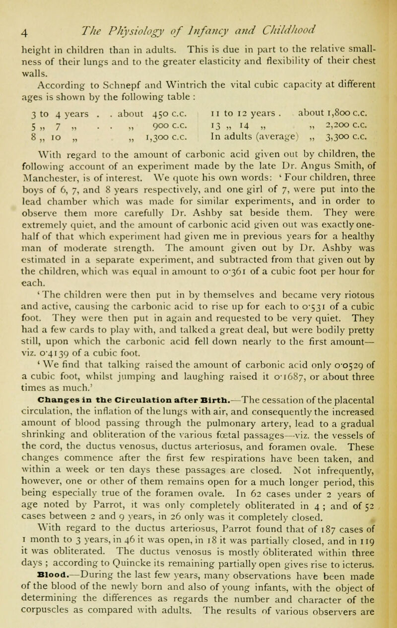 height in children than in adults. This is due in part to the relative small- ness of their lungs and to the greater elasticity and flexibility of their chest walls. According to Schnepf and Wintrich the vital cubic capacity at different ages is shown by the following table : 3 to 4 years . . about 450 c.c. 11 to 12 years. about 1,800 c.c. 5,, 7 „ . . „ goo c.c. 13 „ 14 „ „ 2,200 c.c. 8 „ 10 „ „ 1,300 c.c. In adults (average) „ 3,300 c.c. With regard to the amount of carbonic acid given out by children, the following account of an experiment made by the late Dr. Angus Smith, of Manchester, is of interest. We quote his own words: ' Four children, three boys of 6, 7, and 8 years respectively, and one girl of 7, were put into the lead chamber which was made for similar experiments, and in order to observe them more carefully Dr. Ashby sat beside them. They were extremely quiet, and the amount of carbonic acid given out was exactly one- half of that which experiment had given me in previous years for a healthy man of moderate strength. The amount given out by Dr. Ashby was estimated in a separate experiment, and subtracted from that given out by the children, which was equal in amount to 0-361 of a cubic foot per hour for each. ' The children were then put in by themselves and became very riotous and active, causing the carbonic acid to rise up for each to 0-531 of a cubic foot. They were then put in again and requested to be very quiet. They had a few cards to play with, and talked a great deal, but were bodily pretty still, upon which the carbonic acid fell down nearly to the first amount— viz. 0-4139 of a cubic foot. ' We find that talking raised the amount of carbonic acid only 0-0529 of a cubic foot, whilst jumping and laughing raised it 0-1687, or about three times as much.' Changes in the Circulation after Birth.—The cessation of the placental circulation, the inflation of the lungs with air, and consequently the increased amount of blood passing through the pulmonary artery, lead to a gradual shrinking and obliteration of the various fcetal passages—viz. the vessels of the cord, the ductus venosus, ductus arteriosus, and foramen ovale. These changes commence after the first few respirations have been taken, and within a week or ten days these passages are closed. Not infrequently, however, one or other of them remains open for a much longer period, this being especially true of the foramen ovale. In 62 cases under 2 years of age noted by Parrot, it was only completely obliterated in 4; and of 52 cases between 2 and 9 years, in 26 only was it completely closed. With regard to the ductus arteriosus, Parrot found that of 187 cases of 1 month to 3 years, in 46 it was open, in 18 it was partially closed, and in 119 it was obliterated. The ductus venosus is mostly obliterated within three days ; according to Quincke its remaining partially open gives rise to icterus. Blood.—During the last few years, many observations have been made of the blood of the newly born and also of young infants, with the object of determining the differences as regards the number and character of the corpuscles as compared with adults. The results of various observers are