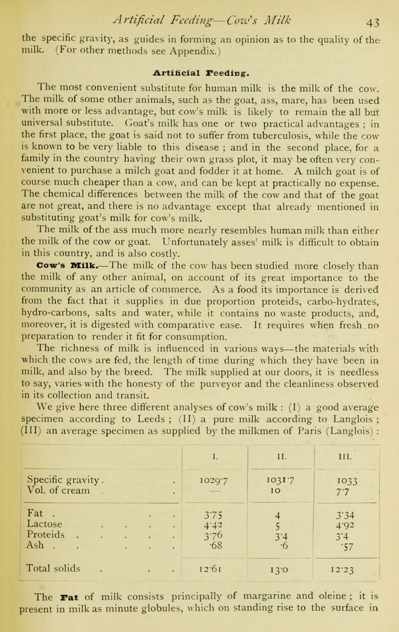 the specific gravity, as guides in forming an opinion as to the quality of the milk. (For other methods see Appendix.) Artificial Feeding:. The most convenient substitute for human milk is the milk of the cow. The milk of some other animals, such as the goat, ass, mare, has been used with more or less advantage, but cow's milk is likely to remain the all but universal substitute. Goat's milk has one or two practical advantages ; in the first place, the goat is said not to suffer from tuberculosis, while the cow is known to be very liable to this disease ; and in the second place, for a family in the country having their own grass plot, it may be often very con- venient to purchase a milch goat and fodder it at home. A milch goat is of course much cheaper than a cow, and can be kept at practically no expense. The chemical differences between the milk of the cow and that of the goat are not great, and there is no advantage except that already mentioned in substituting goat's milk for cow's milk. The milk of the ass much more nearly resembles human milk than either the milk of the cow or goat. Unfortunately asses' milk is difficult to obtain in this country, and is also costly. Cow's Milk.—The milk of the cow has been studied more closely than the milk of any other animal, on account of its great importance to the community as an article of commerce. As a food its importance is derived from the fact that it supplies in due proportion proteids, carbo-hydrates, hydro-carbons, salts and water, while it contains no waste products, and, moreover, it is digested with comparative ease. It requires when fresh no preparation to render it fit for consumption. The richness of milk is influenced in various ways—the materials with which the cows are fed, the length of time during which they have been in milk, and also by the breed. The milk supplied at our doors, it is needless to say, varies with the honesty of the purveyor and the cleanliness observed in its collection and transit. We give here three different analyses of cow's milk : (I) a good average specimen according to Leeds ; (II) a pure milk according to Langlois ; (III) an average specimen as supplied by the milkmen of Paris (Langlois) : Specific gravity. Vol. of cream Fat . . . Lactose .... Proteids Ash . ... Total solids The Pat of milk consists principally of margarine and oleine ; it is present in milk as minute globules, which on standing rise to the surface in I. II. 111. 1033 10297 10317 — 10 77 375 4 3'34 4-43 5 4-92 376 3'4 3'4 ■68 •6 •57 1261 13-0 12-23