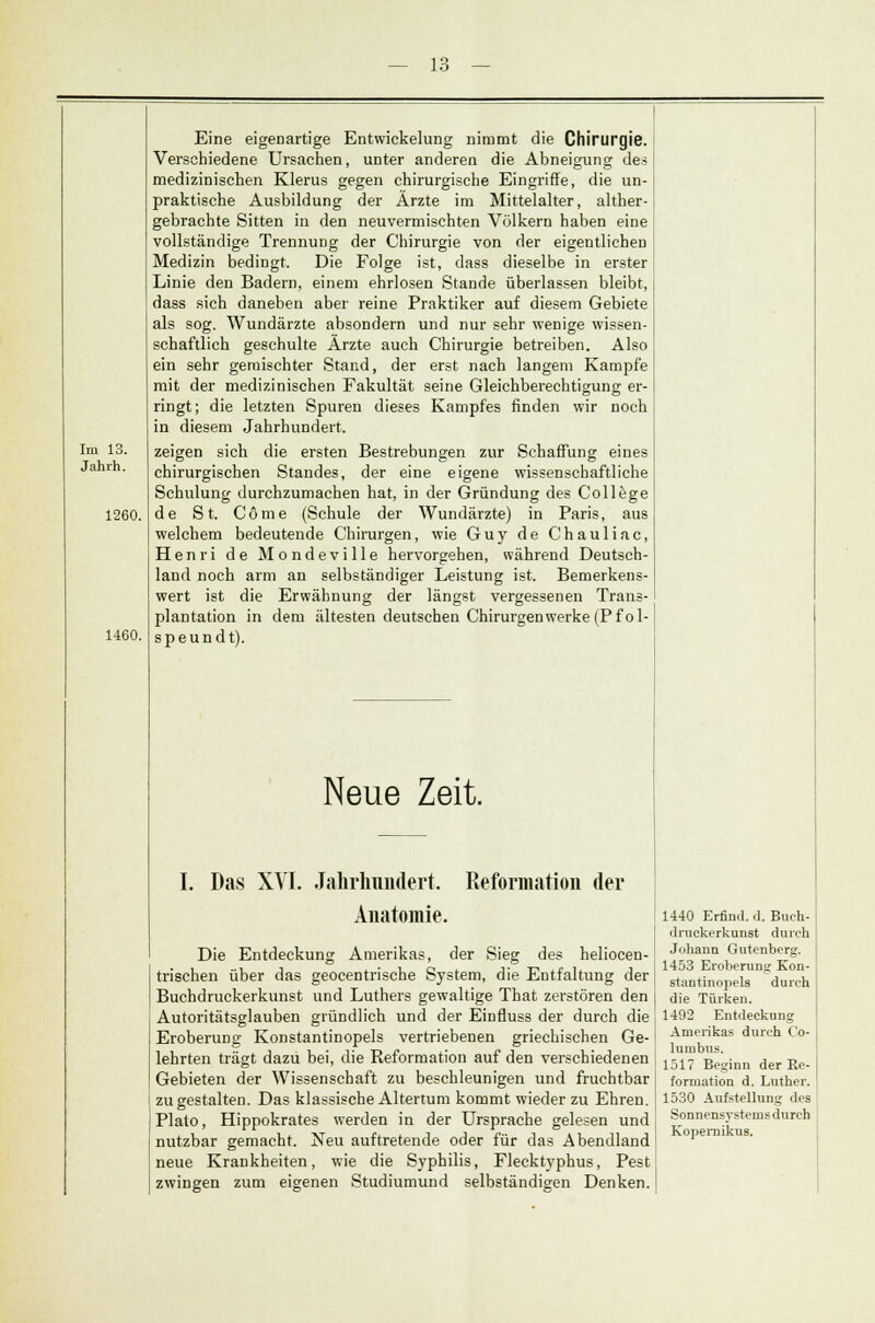 Jahrh. 1260. 1460. Eine eigenartige Entwickelung nimmt die Chirurgie. Verschiedene Ursachen, unter anderen die Abneigung des medizinischen Klerus gegen chirurgische Eingriffe, die un- praktische Ausbildung der Ärzte im Mittelalter, alther- gebrachte Sitten in den neuvermischten Völkern haben eine vollständige Trennung der Chirurgie von der eigentlichen Medizin bedingt. Die Folge ist, dass dieselbe in erster Linie den Badern, einem ehrlosen Stande überlassen bleibt, dass sich daneben aber reine Praktiker auf diesem Gebiete als sog. Wundärzte absondern und nur sehr wenige wissen- schaftlich geschulte Ärzte auch Chirurgie betreiben. Also ein sehr gemischter Stand, der erst nach langem Kampfe mit der medizinischen Fakultät seine Gleichberechtigung er- ringt; die letzten Spuren dieses Kampfes finden wir noch in diesem Jahrhundert. zeigen sich die ersten Bestrebungen zur Schaffung eines chirurgischen Standes, der eine eigene wissenschaftliche Schulung durchzumachen hat, in der Gründung des College de St. Cöme (Schule der Wundärzte) in Paris, aus welchem bedeutende Chirurgen, wie Guy de Chauliac, Henri de Mondeville hervorgehen, während Deutsch- land noch arm an selbständiger Leistung ist. Bemerkens- wert ist die Erwähnung der längst vergessenen Trans- plantation in dem ältesten deutschen Chirurgen werke (Pf ol- speundt). Neue Zeit. I. Das XVI. Jahrhundert. Reformation der Anatomie. Die Entdeckung Amerikas, der Sieg des heliocen- trischen über das geocentrische System, die Entfaltung der Buchdruckerkunst und Luthers gewaltige That zerstören den Autoritätsglauben gründlich und der Einfluss der durch die Eroberung Konstantinopels vertriebenen griechischen Ge- lehrten trägt dazu bei, die Reformation auf den verschiedenen Gebieten der Wissenschaft zu beschleunigen und fruchtbar zu gestalten. Das klassische Altertum kommt wieder zu Ehren. Plato, Hippokrates werden in der Ursprache gelesen und nutzbar gemacht. Neu auftretende oder für das Abendland neue Krankheiten, wie die Syphilis, Flecktyphus, Pest zwingen zum eigenen Studiumund selbständigen Denken. 1440 Erfind, d. Buch- druckerkunst durch Johann Gutenberg. 1453 Eroberung Kon- stantinopels durch die Türken. 1492 Entdeckung Amerikas durch Co- lunibus. 1517 Beginn der Re- formation d. Luther. 1530 Aufstellung des Sonnensystems durch Kopernikus.