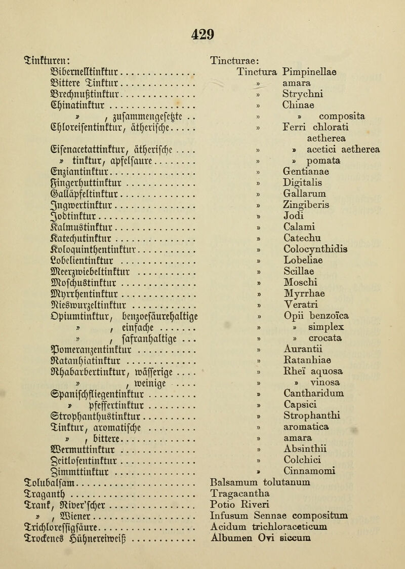^ittf tuten: Tincturae: 23iberaeIIttttttur Tinctura Pimpinellae SSittere Äftur j^ amara SSrec^nu^tinftur » Strychni (SI)uiatmftut » Chinae » f gufammengefet^te .. » » composita e^oreifentinftur, ät^erifd^e » Ferri chlorati aetherea (Sifenacetatttnftut, ät^ertfc^c .... » » acetici aetherea » tinftur, apfelfaure » » pomata ßn^tantinftur » Gentianae Öingetfyuttinftur » Digitalis ©aHäpfeltinftut » Gallarum 3tigtt>ertmftur » Zingiberis 3obtinftut » Jocti ^almu§tinftur » Calami ^atedjutinftur » Catechu ^oloqutntfyentmftuT » Colocynthidia Cübeüentinftut » Lobeliae SReergmtebeltinftux » Scillae 3ftofd}u8tmftur » Moschi 9ftt)rrf)entinf:tur » Myrrhae SRieSmurjeltinftut » Veratri Dpiumtinftur, bengoefäure^artige » Opii benzoica * , einfache » » simplex » , fafranljdttge ... » » crocata *pontercm;$entmftur » Aurantii Sftatcmfytatinftur » Ratanhiae S^abcttbertinftut, mafferige » Rhei aquosa » f toemige .... » » vinosa Spcmifd)fliegentmftur » Cantharidum » pfeffettinftur » Capsici ©tropIjcmtfyuStmftur » Strophantin %inttux, aromatifcfye » aromatica » f bittere » amara SBermuttinttut » Absinthü §ettlofentinftur » Colchici gimmttinftur » Cinnamomi ^tolubalfam Balsamum tolutanum ^raganttj Tragacantha txant, JKtber'fdjer Potio Riveri » i 2öiener Infusum Sennae compositum £rid)Iorefftgfäute Acidum trichloraceticum SttotfeneS Imfwereimeiß Albumen Oyi eiecum
