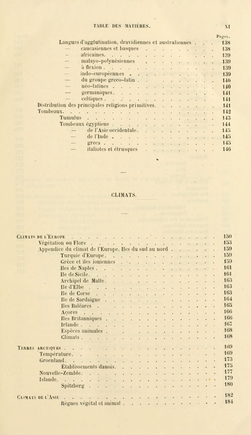 Pages. Langues d'agglutination, dravidiennes et australiennes . . . 13K — caucasiennes et basques 138 — africaines ... 139 — malayo-polynésiennes 139 à Ilexion 139 indo-européennes 139 — du groupe greeo-lalin . . Mil néo-lalines . . 140 — germaniques Ui — celtiques 141 Distribution des principales religions primitives Ul Tombeaux 142 Tumulus 113 Tombeaux égyptiens . 144 — de l'Asie occidentale 145 — de l'Inde 145 — grecs 145 — italiotcs et étrusques 146 CLIMATS. Climats uel'Eikope 150 Végétation ou Flore 153 appendice du climat de l'Europe. Iles du sud au nord 159 Turquie d'Europe 159 Grèce et des ioniennes 159 Iles de Naples 161 lledeSicile 161 Archipel de Malle 163 Ile d'Elbe 163 Ile de Corse 163 Ile de Sardaigne 164 Iles Baléares . 165 Açores 166 Iles Britanniques 166 Irlande 167 Espèces animales . . 168 Chinais 168 ThRRtS ARCT1QIES .... 169 Température. . .... . . 169 Groenland »'3 Établissements danois i'8 Nouvelle-Zemble ''' Islande 1/,J Spitzberg 180 Climats db l'Asie '°~ Bègues végétal et animal ,8i