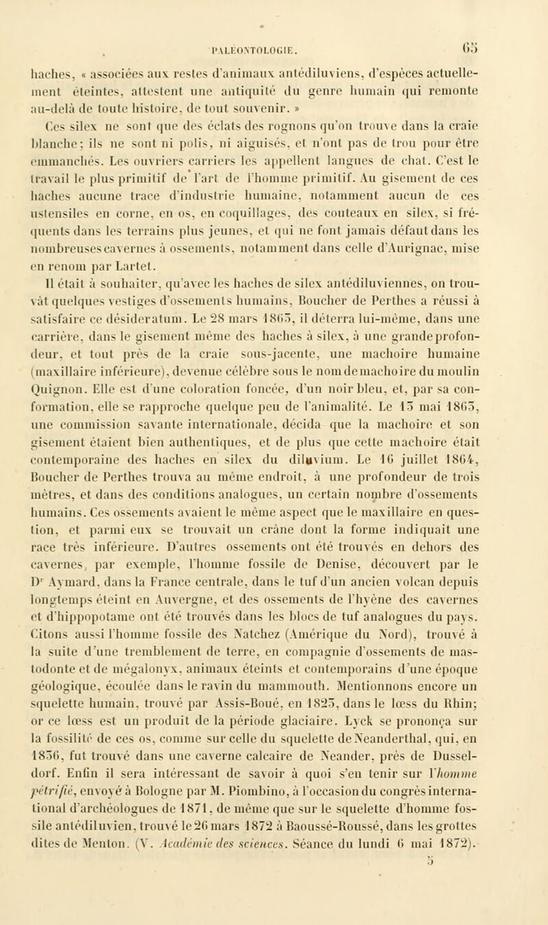 haches, « associées aux restes d'animaux antédiluviens, d'espèces actuelle- ment éteintes, attestent une antiquité du genre humain qui remonte au-delà de toute histoire, de tout souvenir. » Ces silex ne sont que des éclats des rognons qu'on trouve dans la craie Manche; ils ne sont ni polis, ni aiguisés, et n'ont pas de trou pour être emmanchés. Les ouvriers carriers les appellent langues de chat. C'est le travail le plus primitif de l'ait de l'homme primitif. Au gisement de ces haches aucune trace d'industrie humaine, notamment aucun de ces ustensiles en corne, en os, en coquillages, des couteaux en silex, si fré- quents dans les terrains plus jeunes, et qui ne font jamais défaut dans les nombreuses cavernes à ossements, notamment dans celle d'Aurignac, mise en renom par Lartet. 11 était à souhaiter, qu'avec les haches de silex antédiluviennes, on trou- vât quelques vestiges d'ossements humains, Boucher de Perthes a réussi à satisfaire ce desideratum. Le 28 mars 1863, il déterra lui-même, dans une carrière, dans le gisement même des haches à silex, à une grandeprofon- deur, et tout près de la craie sous-jacente, une mâchoire humaine I maxillaire inférieure), devenue célèbre sous le nomdemachoire du moulin Quignon. Elle est d'une coloration foncée, d'un noir bleu, et, par sa con- formation, elle se rapproche quelque peu de l'animalité. Le 13 mai 1863, une commission savante internationale, décida que la mâchoire, et son gisement étaient bien authentiques, et de plus que cette mâchoire était contemporaine des haches en silex du dihjvium. Le 10 juillet 1864, Boucher de Perthes trouva au même endroit, à une profondeur de trois mètres, et dans des conditions analogues, un certain nombre d'ossements humains. Ces ossements avaient le même aspect que le maxillaire en ques- tion, et parmi eux se trouvait un crâne dont la forme indiquait une race très inférieure. D'autres ossements ont été trouvés en dehors des cavernes, par exemple, l'homme fossile de Denise, découvert par le Dr Ayinard, dans la France centrale, dans le tuf d'un ancien volcan depuis longtemps éteint en Auvergne, et des ossements de l'hyène des cavernes et d'hippopotame ont été trouvés dans les blocs de tuf analogues du pays. Citons aussi l'homme fossile des Natchez (Amérique du Xord), trouvé à la suite d'une tremblement de terre, en compagnie d'ossements de mas- todonte et de mégalonyx, animaux éteints et contemporains d'une époque géologique, écoulée dans le ravin du mammouth. Mentionnons encore un squelette humain, trouvé par Assis-Boué, en 1823, dans le lœss du Rhin; or ce lœss est un produit de la période glaciaire. Lyck se prononça sur la fossilité de ces os, comme sur celle du squelette deXeanderthal, qui, en 1836, fut trouvé dans une caverne calcaire de Neander, près de Dussel- dorf. EnCn il sera intéressant de savoir à quoi s'en tenir sur l'homme pétrifié, envoyé à Bologne par M. Piombino, à l'occasion du congrès interna- tional d'archéologues de 1871, de même que sur le squelette d'homme fos- sile antédiluvien, trouvé le 26 mars 1872 à Baoussé-Roussé,dans les grottes dites de Menton. (V. Académie des sciences. Séance du lundi 6 mai 1872).