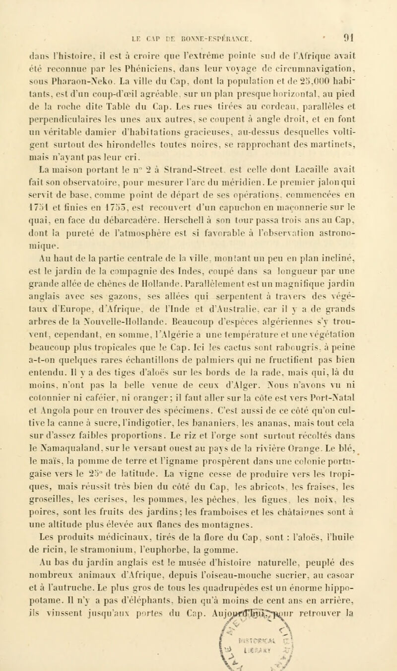 dans l'histoire, il est à croire que l'extrême poinle sud de l'Afrique avait été reconnue par les Phéniciens, dans leur voyage de circumnavigation, sous Pharaon-Neko. La ville du Cap. dont la population et de 25.0(10 habi~ tants, esl d'un coup-d'œil agréable, sur un plan presque horizontal, au pied de la roche dite Table du Cap. Les rues tirées au cordeau, parallèles et perpendiculaires les unes aux autres, se coupent à angle droit, et en font un véritable damier d'habitations gracieuses, au-dessus desquelles volti- gent surtout des hirondelles toutes noires, se rapprochant des martinets, mais n'ayant pas leur cri. La maison portant le n 2 à Slrand-Street. est celle dont Lacaille avait fait son observatoire, pour mesurer l'arc du méridien. Le premier jalon qui servit de base, comme point de départ de ses opérations, commencées en 1751 et finies en 1753. est recouvert d'un capuchon en maçonnerie sur le quai, en face du débarcadère, ilerschell à son tour passa trois ans au Cap, dont la pureté de l'atmosphère esl si favorable à l'ohservation astrono- mique. Au haut de la partie centrale de la ville, montant un peu en plan incliné, es) le jardin de la compagnie des Indes, coupé dans sa longueur par une grande allée de chênes de Hollande Parallèlement est un magnifique jardin anglais avec ses gazons, ses allées qui serpentent à travers des végé- taux d'Europe, d'Afrique, de l'Inde et d'Australie, car il y a de grands arbres de la .Nouvelle-Hollande. Beaucoup d'espèces algériennes s'y trou- vent, cependant, en somme, l'Algérie a une température et une végétation beaucoup plus tropicales que le Cap. Ici les cactus sont rabougris, à peine a-t-on quelques rares échantillons de palmiers qui ne fructifient pas bien entendu. Il v a des tiges d'aloè's sur les bords de la rade, mais qui. là du moins, n'ont pas la belle venue de ceux d'Alger. Nous n'avons vu ni cotonnier ni caféier, ni oranger : il faut aller sur la côte est vers Port-Natal et Angola pour en trouver des spécimens. C'est aussi de ce côté qu'on cul- tive la canne à sucre, l'indigotier, les bananiers. les ananas, mais tout cela sur d'assez faibles proportions. Le riz et l'orge sont surtout récoltés dans le Namaqualand, sur le v ersant ouest au pays de la rivière Orange. Le blé, le maïs, la pomme de terre et l'igname prospèrent dans une colonie portu- gaise vers le 25° de latitude. La vigne cesse de produire vers les tropi- ques, mais réussit très bien du côté du Cap, les abricots les fraises, les groseilles, les cerises, les pommes, les pèches, les figues, les noix, les poires, sont les fruits des jardins: les framboises et les châtaignes sont à une altitude plus élevée aux flancs des montagnes. Les produits médicinaux, tirés de la flore du Cap. sont : l'aloës. l'huile de ricin, le strainonium. l'euphorbe, la gomme. Au bas du jardin anglais est le musée d'histoire naturelle, peuplé des nombreux animaux d'Afrique, depuis l'oiseau-mouche sucrier, au casoar et à l'autruche. Le plus gros de tous les quadrupèdes est un énorme hippo- potame. Il n'y a pas d'éléphants, bien qu'à moins de cent ans en arrière, ils vinssent jusqu'aux portes du Cap. Aujouriflnii.*^iour retrouver la