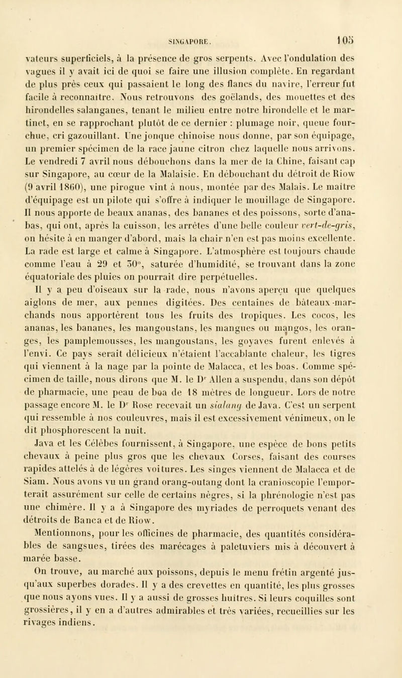 SINGAPORE. 10a vateurs superficiels, à la présence de gros serpents. Avec l'ondulation des vagues il y avait ici de quoi se faire une illusion complète. En regardant de plus près ceux qui passaient le long des flancs du navire, l'erreur fut facile à reconnaître. Nous retrouvons des goélands, des mouettes et des hirondelles salanganes, tenant le milieu entre notre hirondelle et le mar- tinet, en se rapprochant plutôt de ce dernier : plumage noir, queue four- chue, cri gazouillant. Une jonque chinoise nous donne, par son équipage, un premier spécimen de la race jaune citron chez laquelle nous arrivons. Le vendredi 7 avril nous débouchons dans la nier de la Chine, faisant cap sur Singapore, au cœur de la Malaisie. En débouchant du détroit de Riow (9 avril 1860), une pirogue vint à nous, montée par des Malais. Le maitre d'équipage est un pilote qui s'offre à indiquer le mouillage de Singapore. Il nous apporte de beaux ananas, des bananes et des poissons, sorte d'ana- bas, qui ont, après la cuisson, les arrêtes d'une belle couleur vert-de-gris, on hésite à en manger d'abord, mais la chair n'en est pas moins excellente. La rade est large et calme à Singapore. L'atmosphère est toujours chaude comme l'eau à 29 et 30, saturée d'humidité, se trouvant dans la zone équaloriale des pluies on pourrait dire perpétuelles. Il y a peu d'oiseaux sur la rade, nous n'avons aperçu que quelques aiglons de mer, aux pennes digitées. Des centaines de bateaux-mar- chands nous apportèrent tous les fruits des tropiques. Les cocos, les ananas, les bananes, les mangoustans, les mangues ou mangos, les oran- ges, les pamplemousses, les mangoustans, les goyaves furent enlevés à l'envi. Ce pays serait délicieux n'étaient l'accablante chaleur, les tigres qui viennent à la nage par la pointe de Malaeea, et les boas. Comme spé- cimen de taille, nous dirons que M. le Dr Allen a suspendu, dans son dépôt de pharmacie, une peau de boa de 18 mètres de longueur. Lors de notre passage encore M. le l)r Rose recevait un sialang de Java. C'est un serpent qui ressemble à nos couleuvres, mais il est excessivement venimeux, on le dit phosphorescent la nuit. Java et les Célèbes fournissent, à Singapore. une espèce de bons petits chevaux à peine plus gros que les chevaux Corses, faisant des courses rapides attelés à de légères voitures. Les singes viennent de Malacca et de Siani. Nous avons vu un grand orang-outang dont la cranioscopie l'empor- terait assurément sur celle de certains nègres, si la phrénologie n'est pas une chimère. Il y a à Singapore des myriades de perroquets venant des détroits de Banca et de Riow. Mentionnons, pour les officines de pharmacie, des quantités considéra- bles de sangsues, tirées des marécages à palétuviers mis à découvert à marée basse. On trouve, au marché aux poissons, depuis le menu fretin argenté jus- qu'aux superbes dorades. Il y a des crevettes en quantité, les plus grosses que nous ayons vues. Il y a aussi de grosses huîtres. Si leurs coquilles sont grossières, il y en a d'autres admirables et très variées, recueillies sur les rivages indiens.